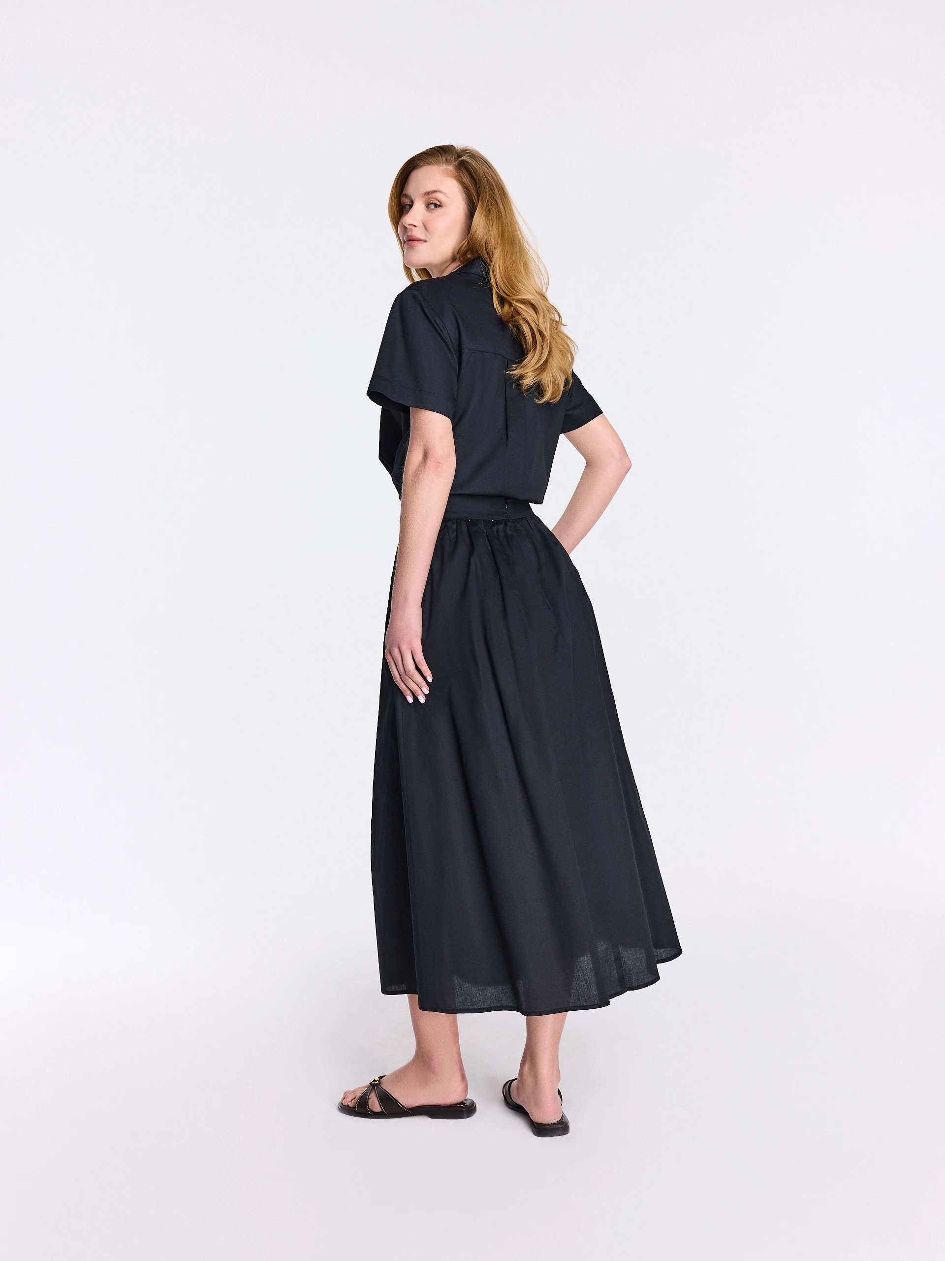 Black cotton high-waisted midi skirt
