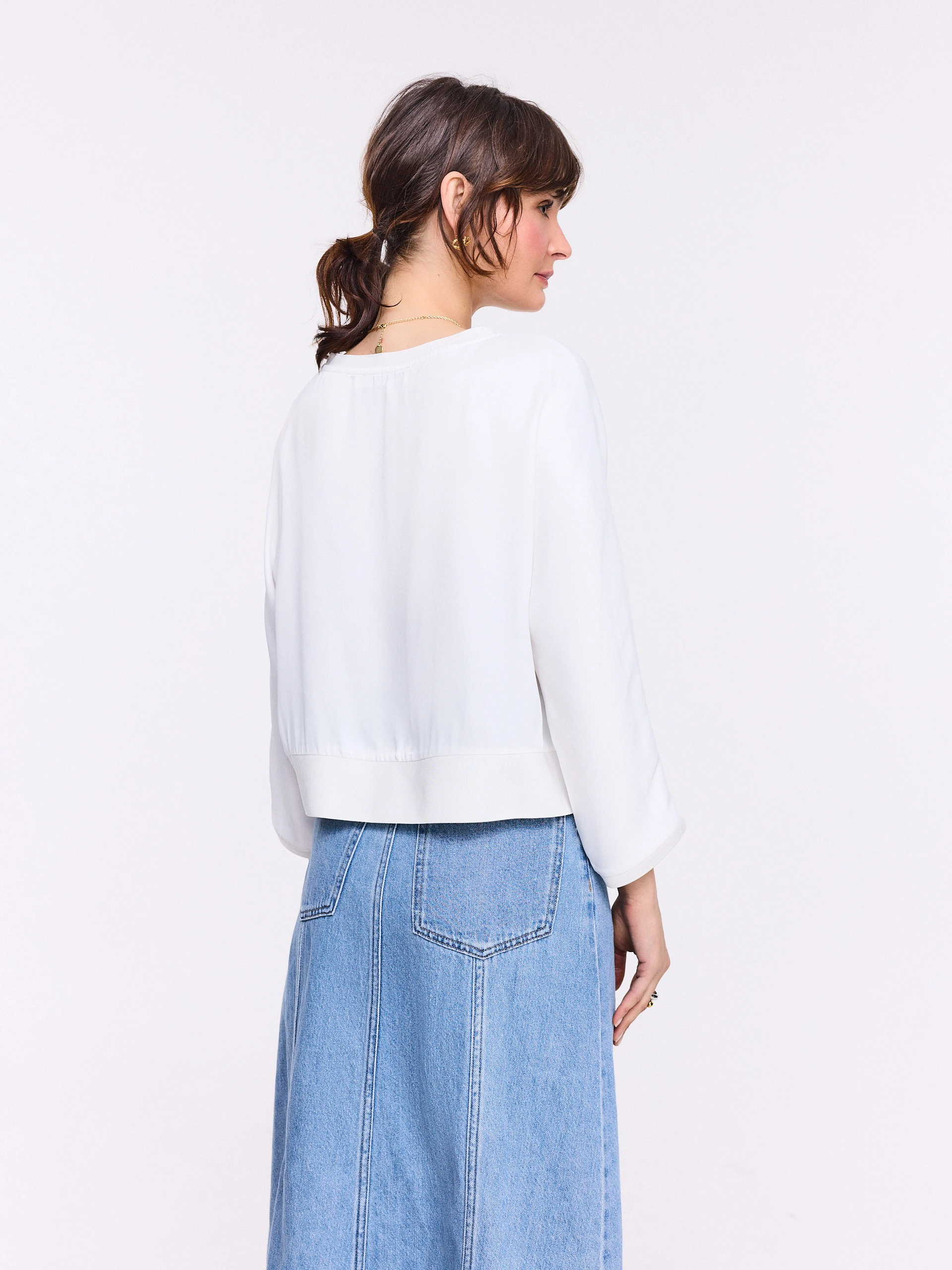 High-waisted denim midi skirt
