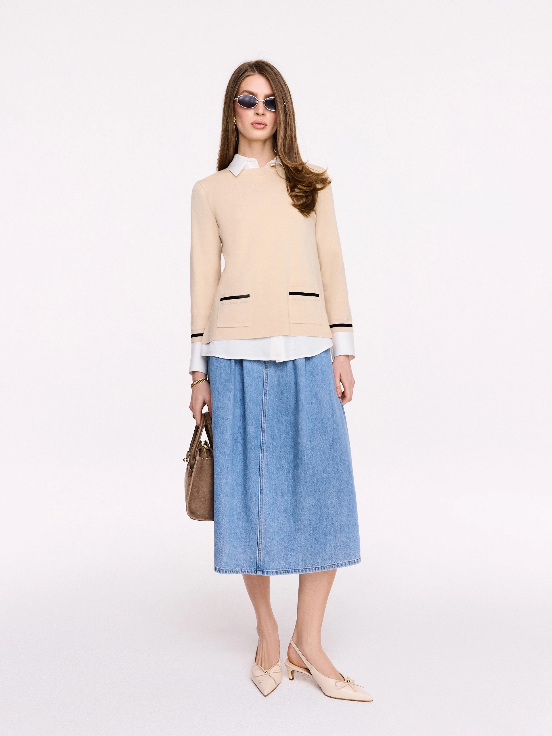 High-waisted denim midi skirt