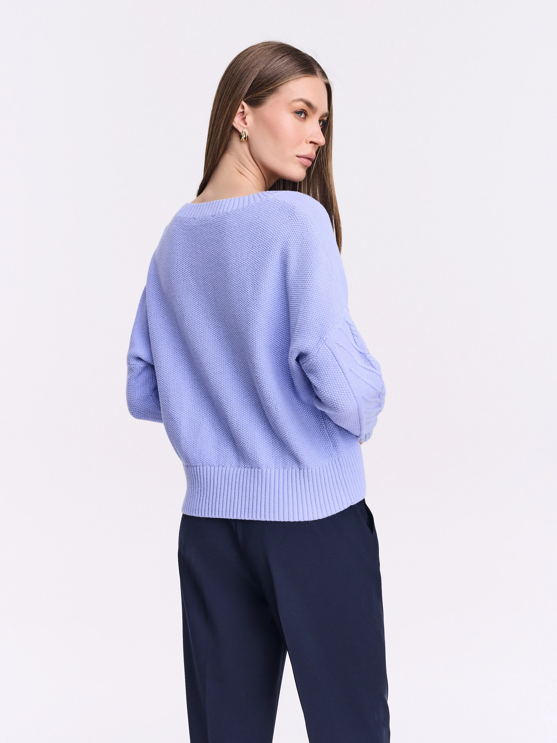 Purple cotton sweater with cable knit pattern