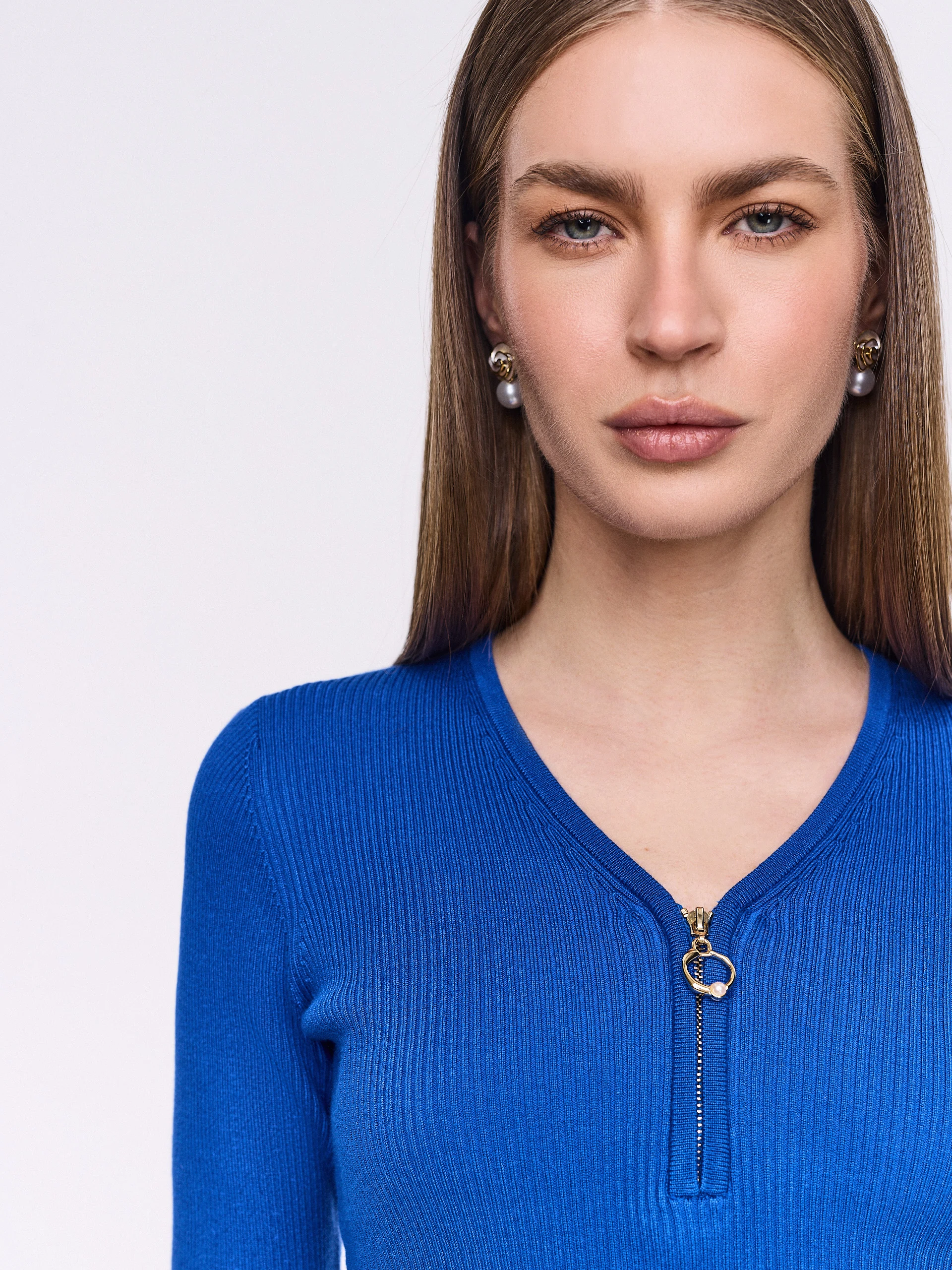 Cobalt rib knit sweater with zipper