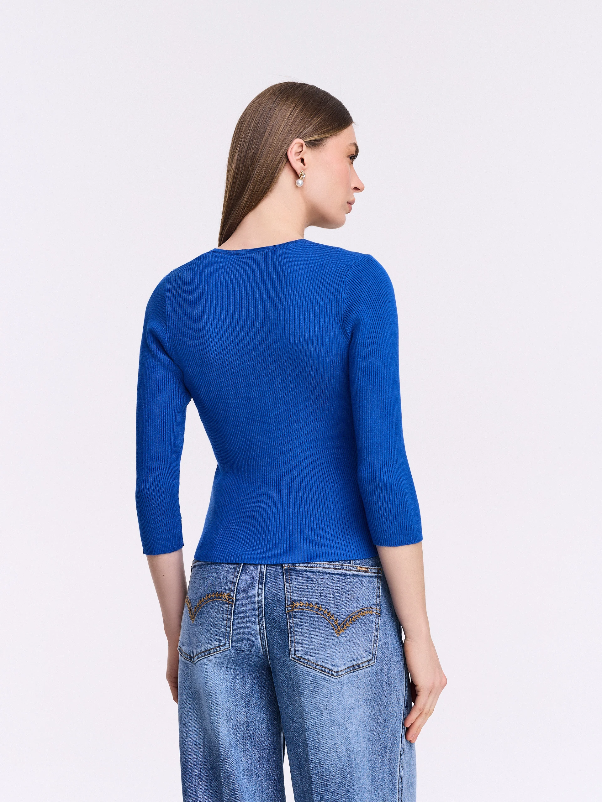 Cobalt rib knit sweater with zipper