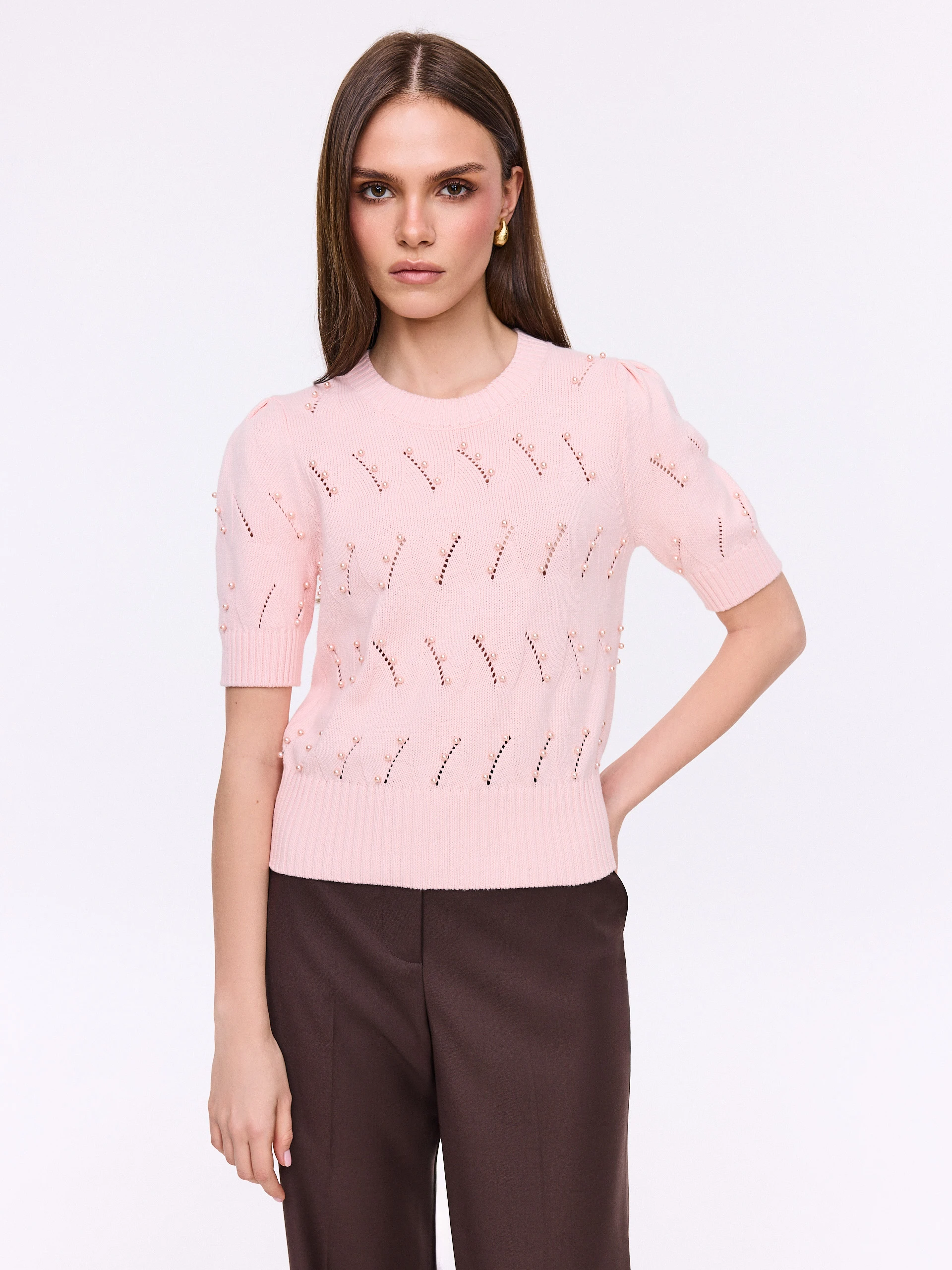 Openwork short-sleeved sweater in pink