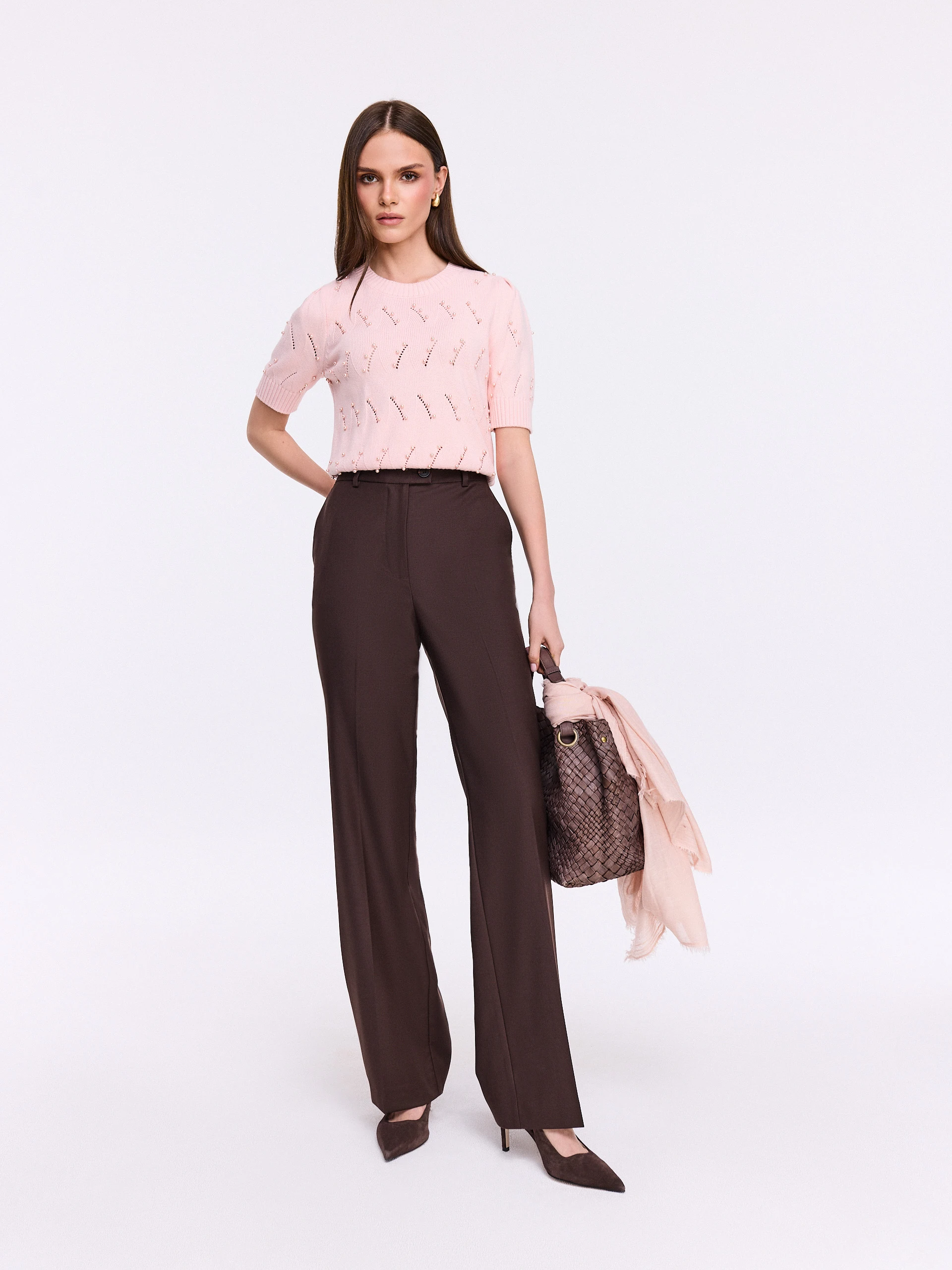 Openwork short-sleeved sweater in pink