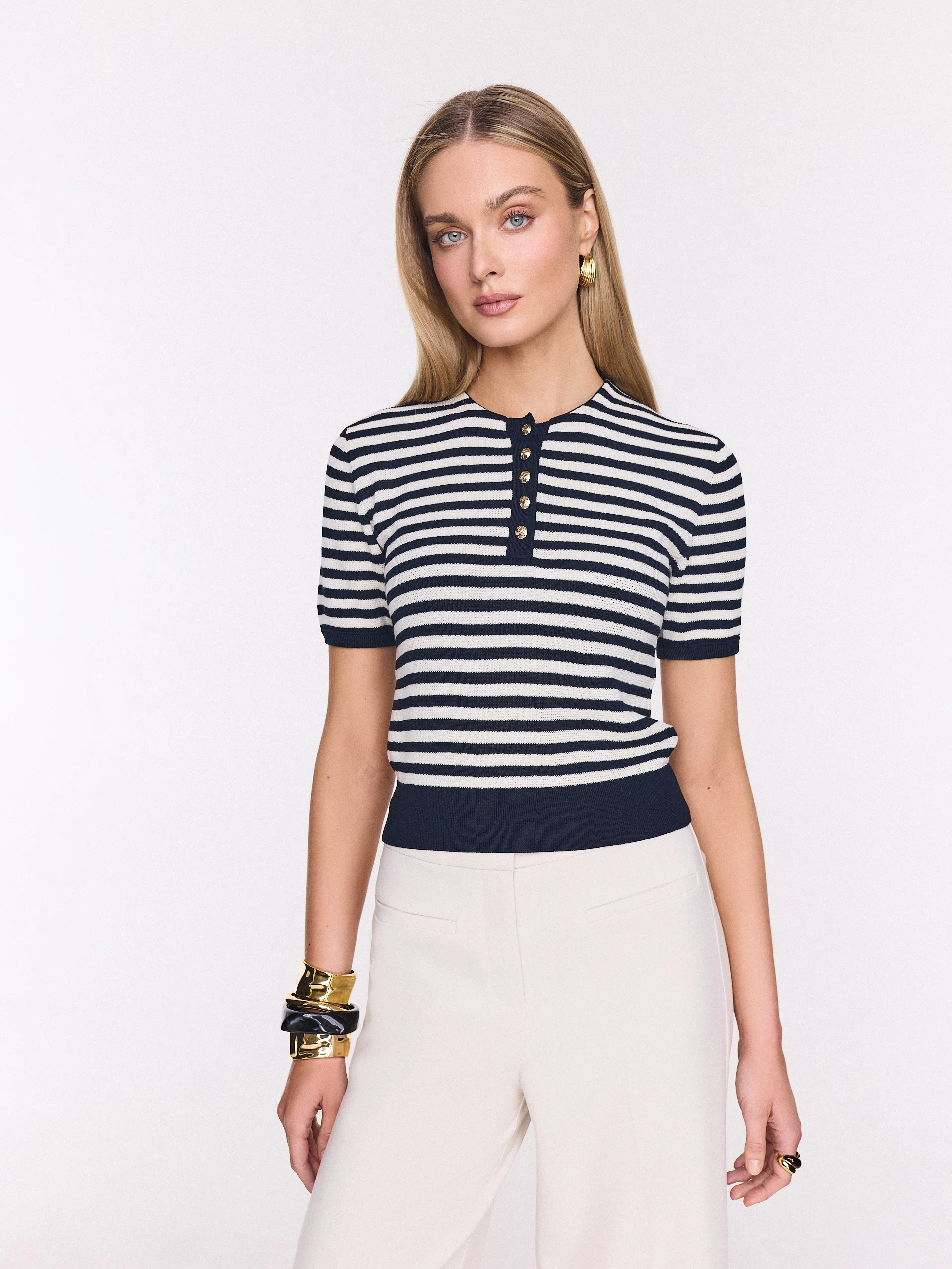 Cotton striped sweater with short sleeves
