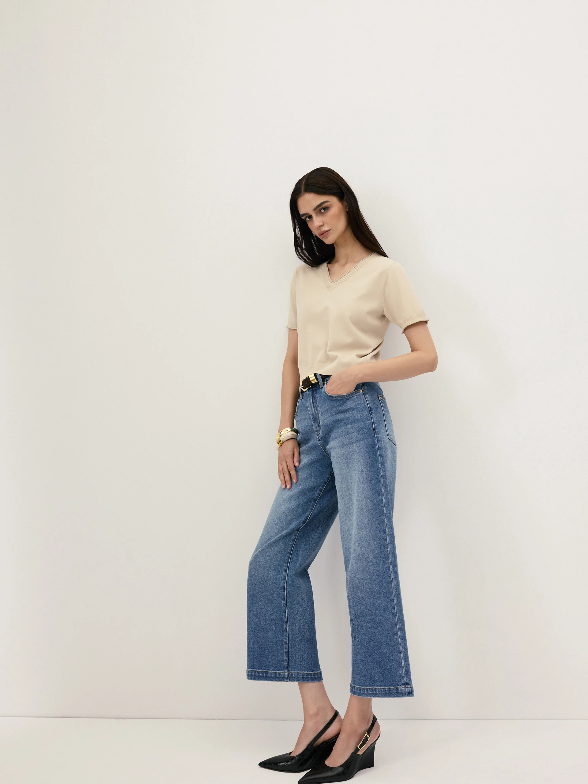 Jeansowe spodnie z wysokim stanem o kroju wide leg