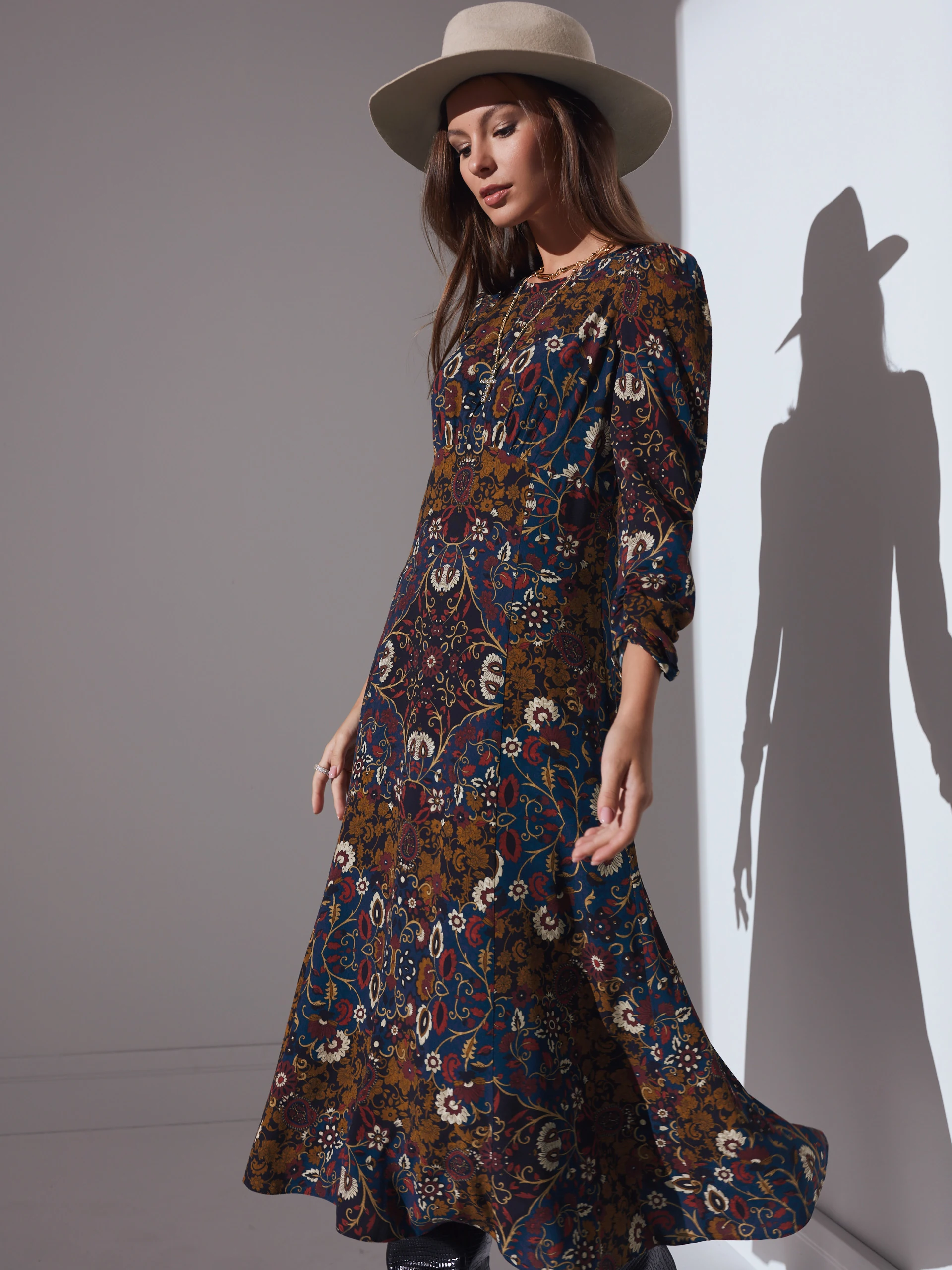 NAVY BLUE PATTERNED MIDI DRESS