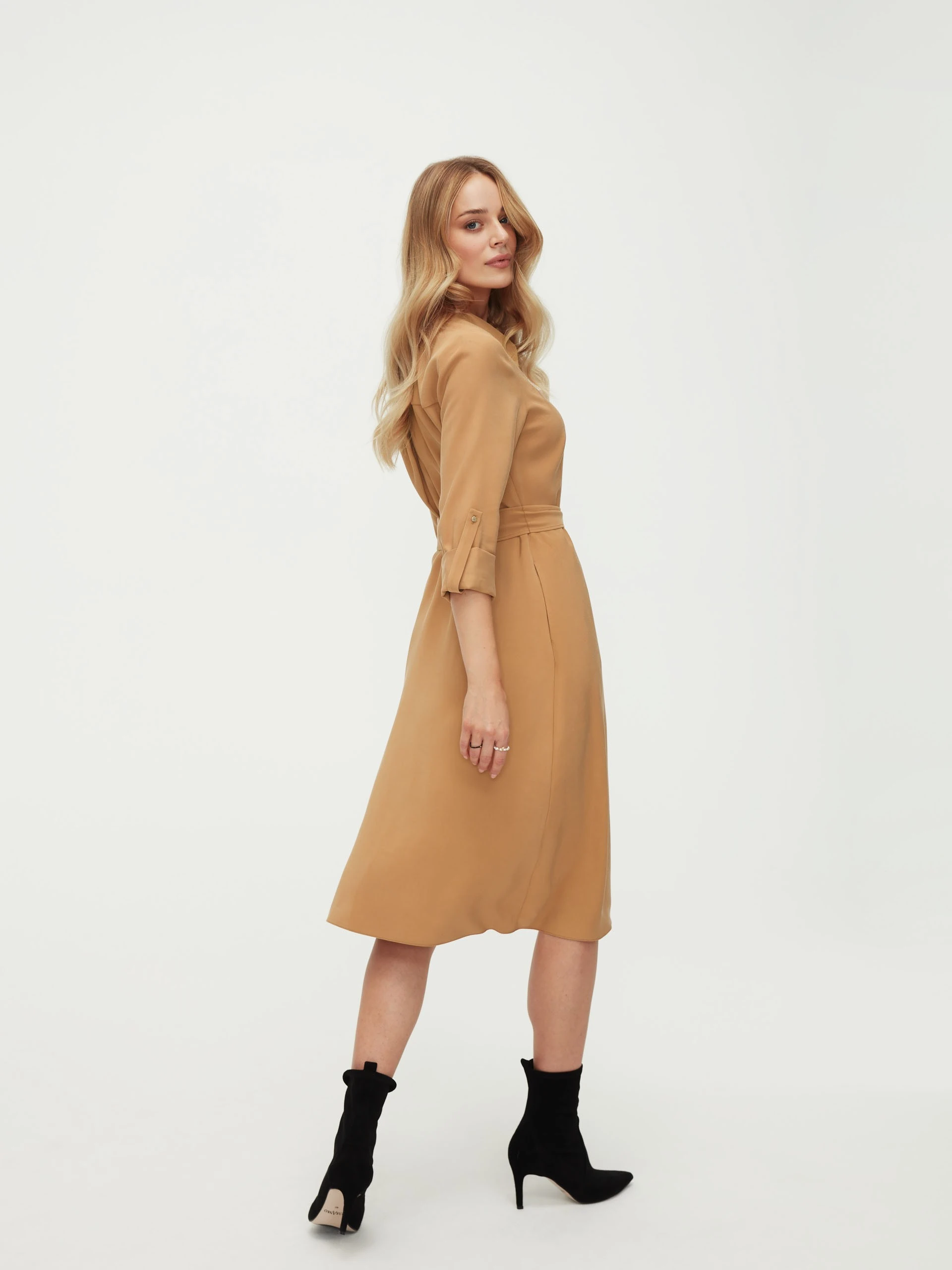 Caramel-colored shirt dress