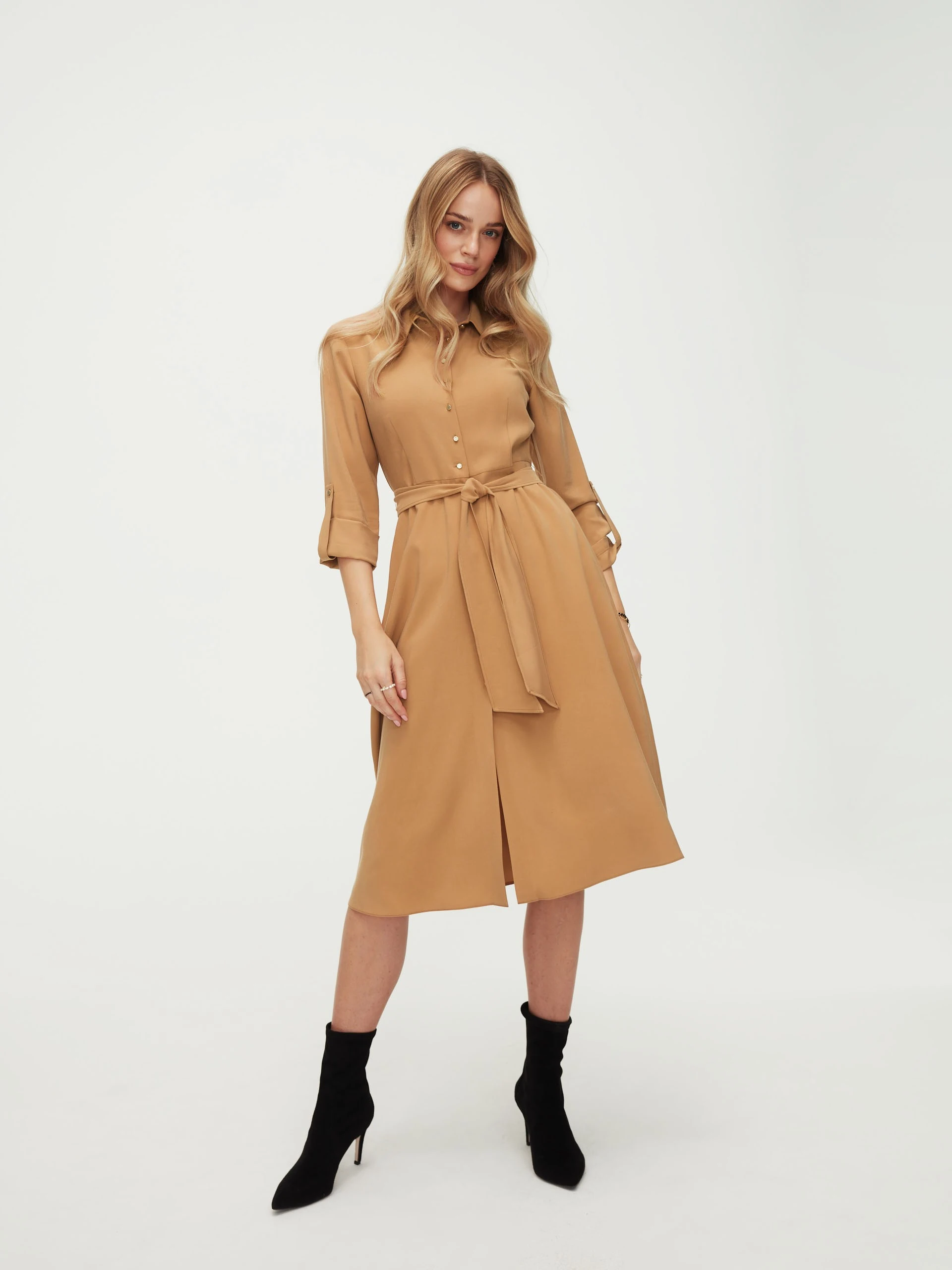 Caramel-colored shirt dress