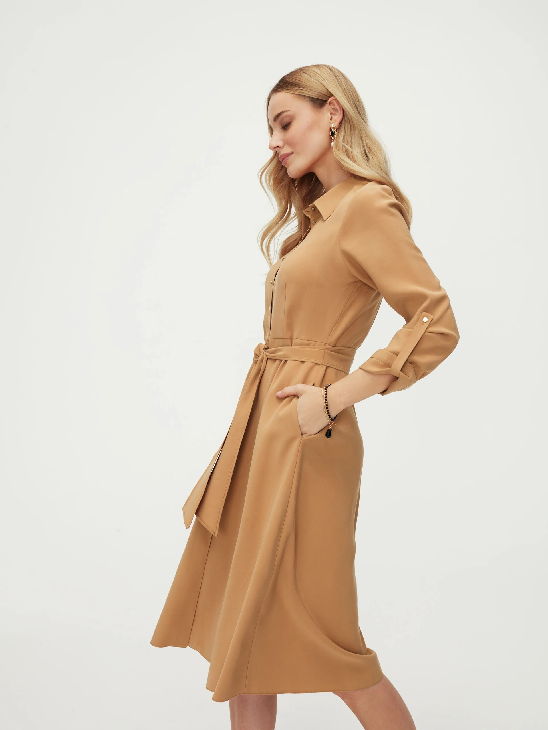 Caramel-colored shirt dress