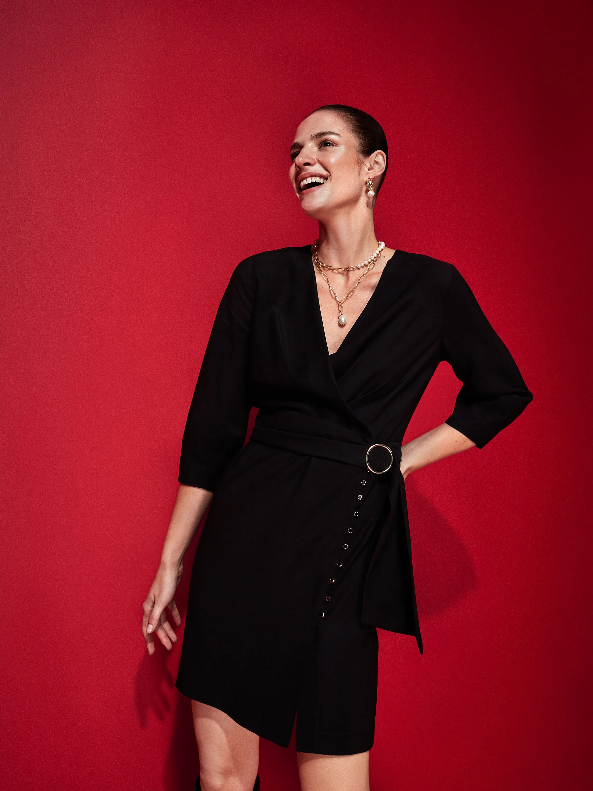 Black dress with envelope neckline