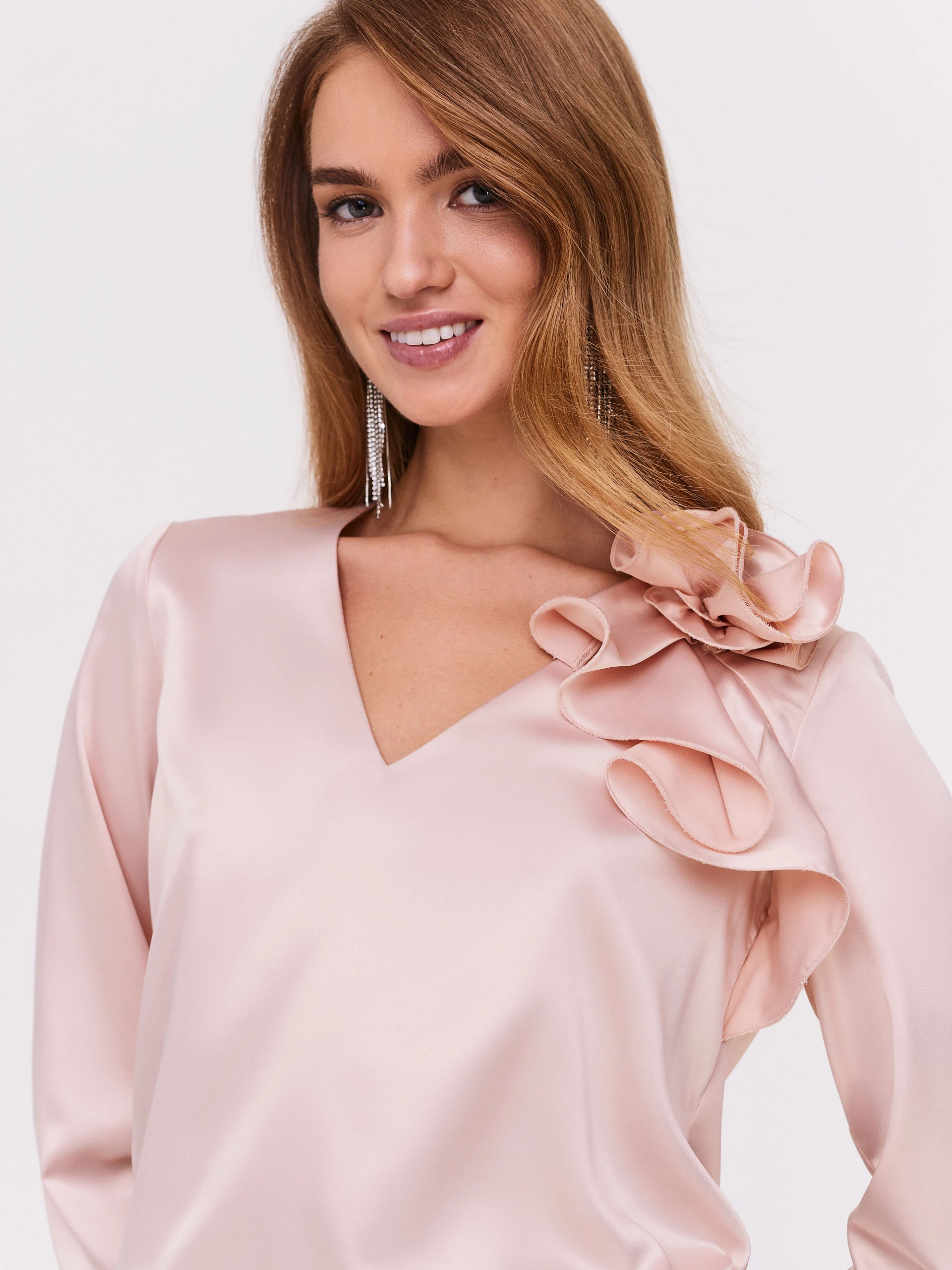 Pink satin blouse with flower