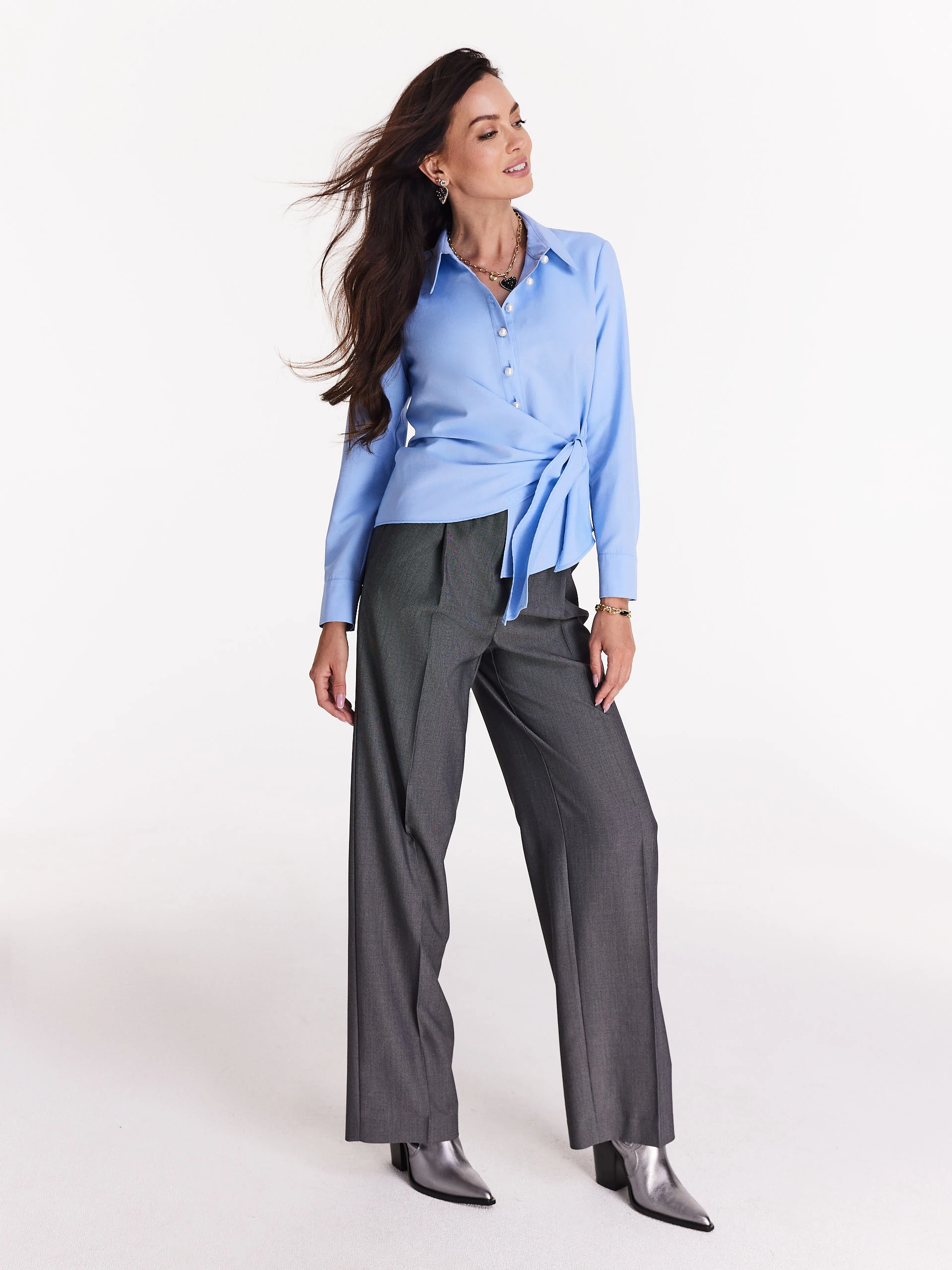 Blue shirt with binding and pearl buttons