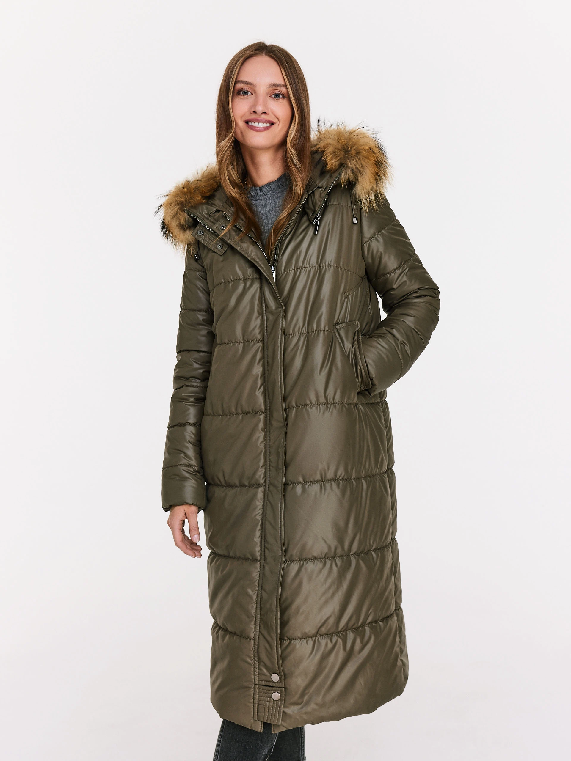 Long olive quilted coat