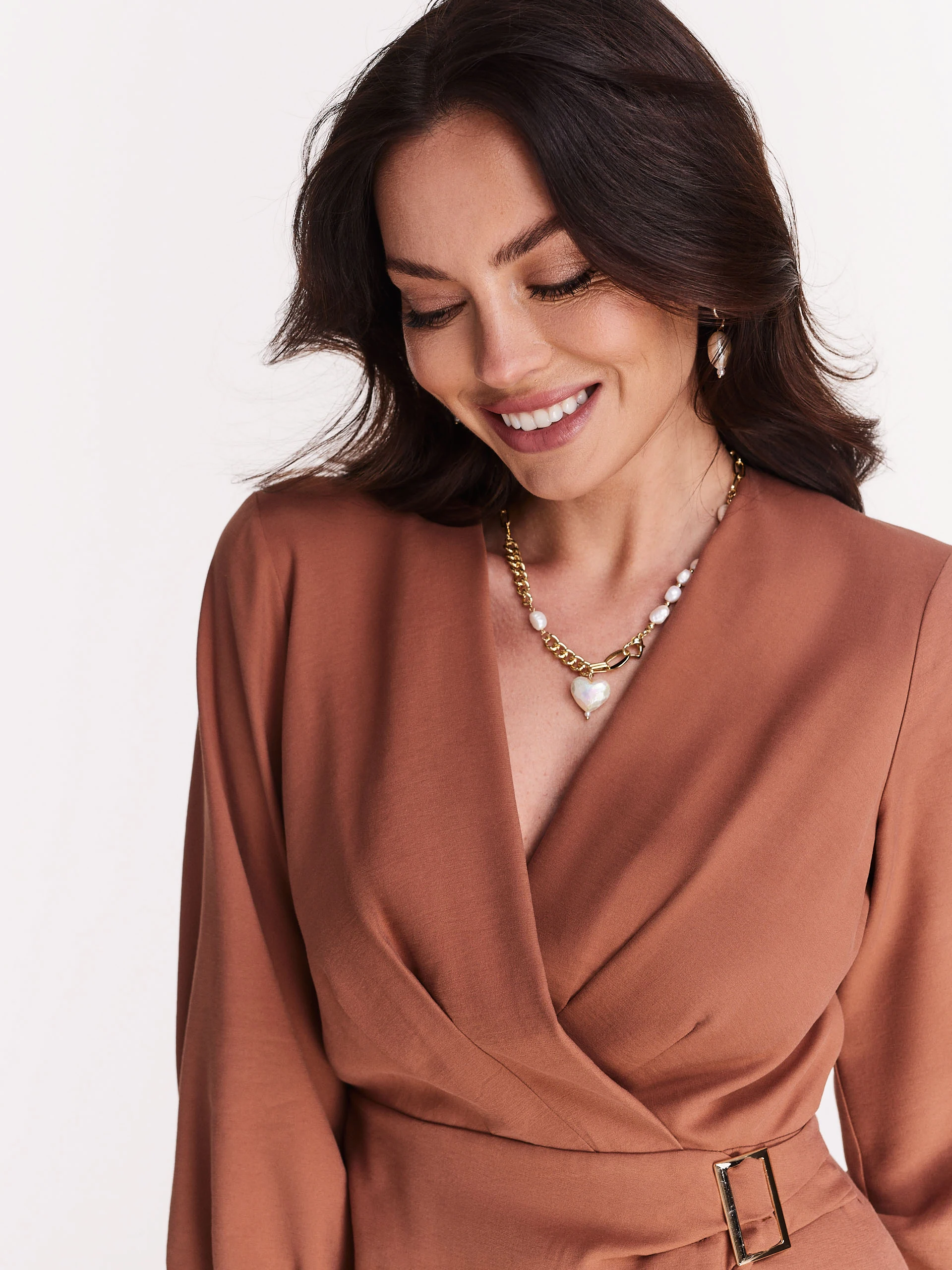Light brown short dress with envelope neckline