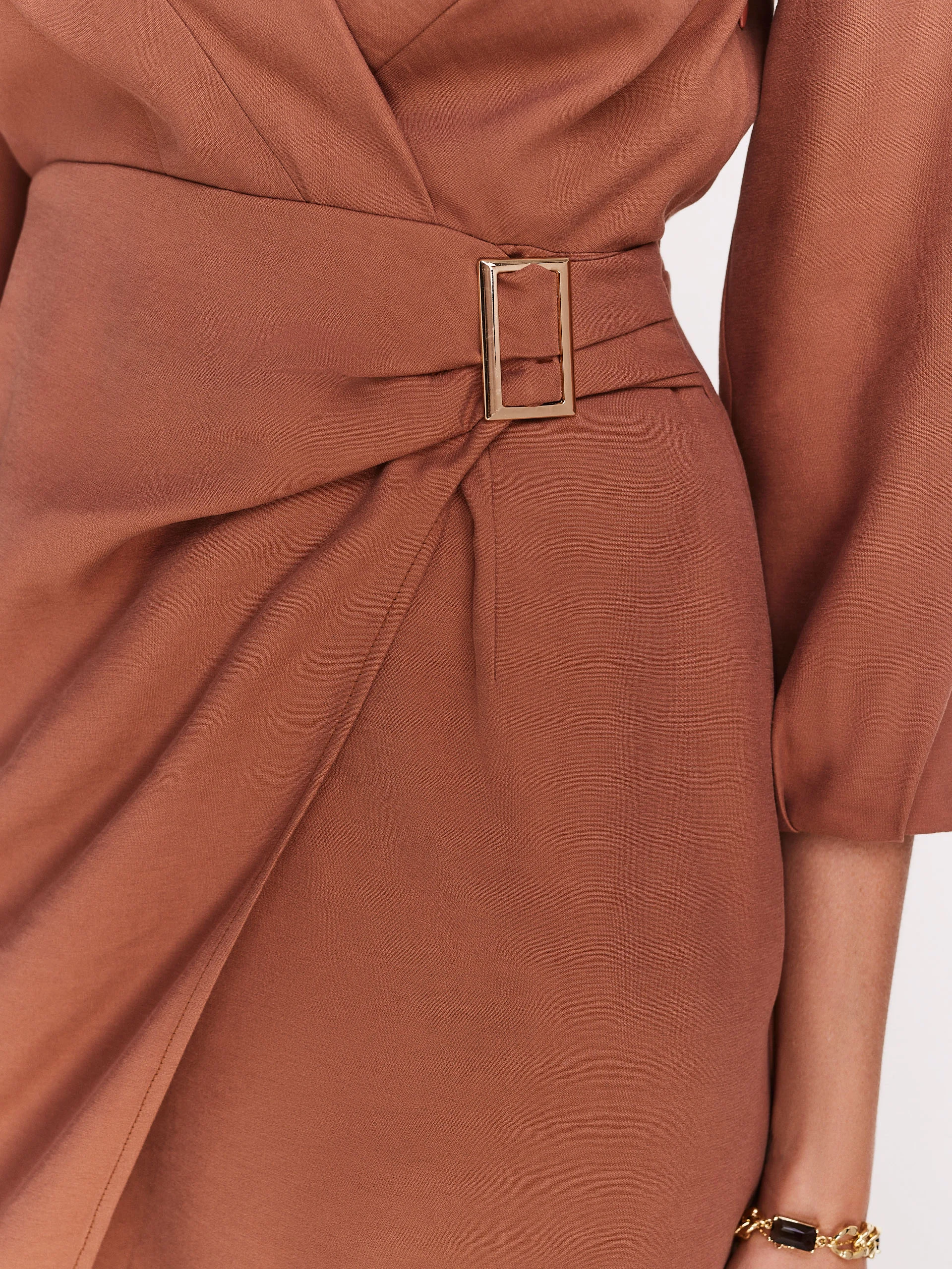 Light brown short dress with envelope neckline