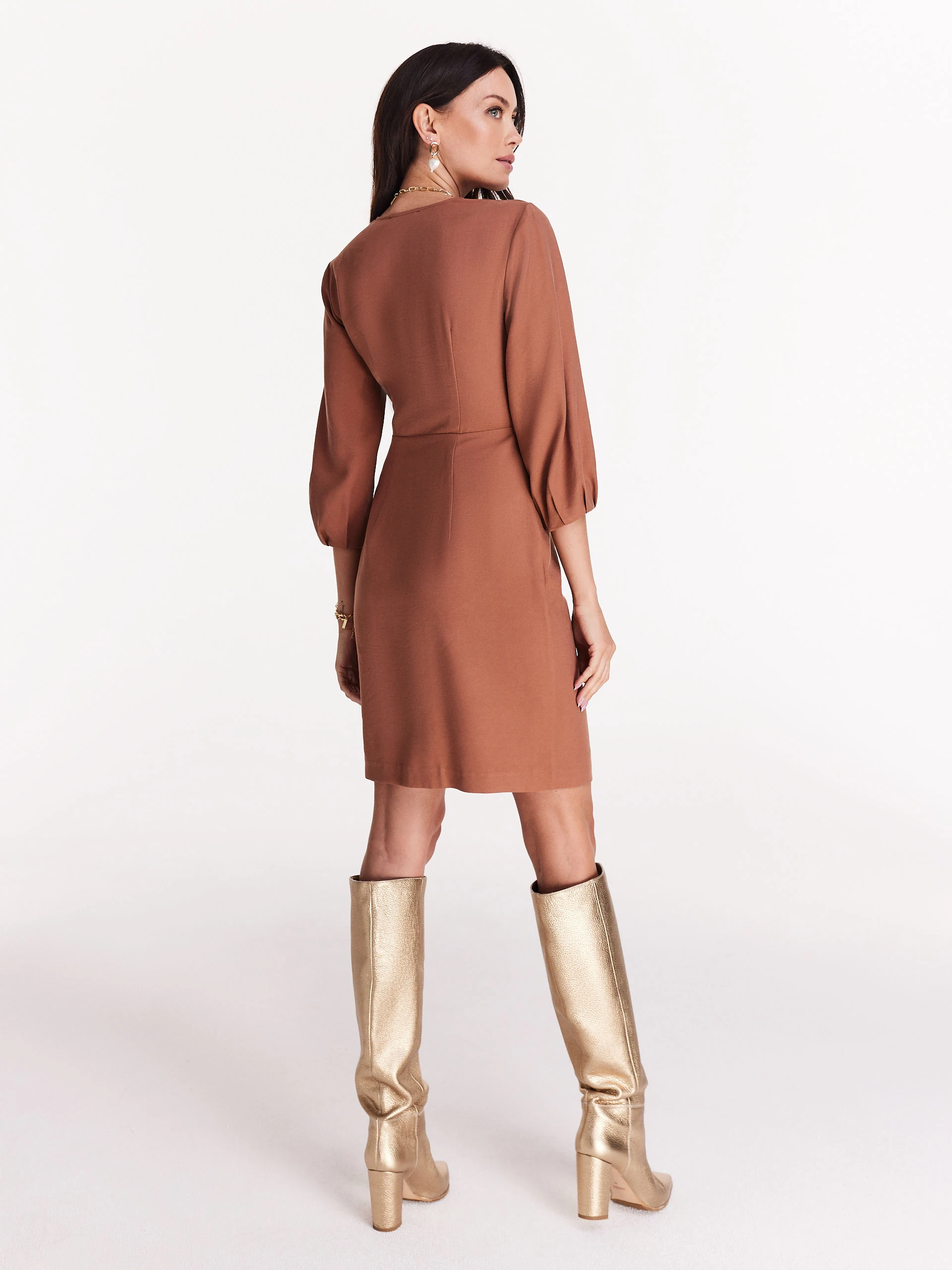 Light brown short dress with envelope neckline