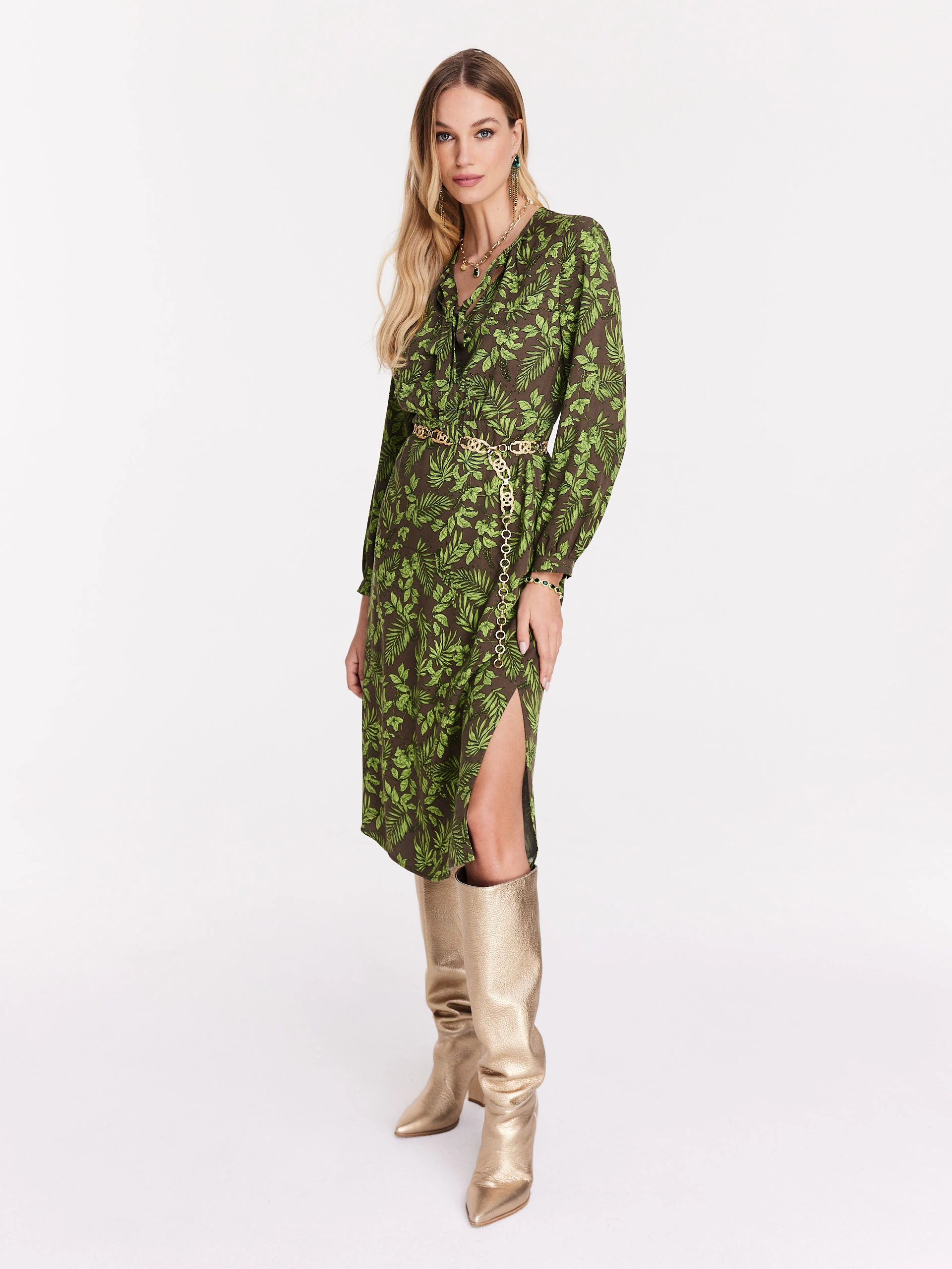 Brown dress with green leaf pattern
