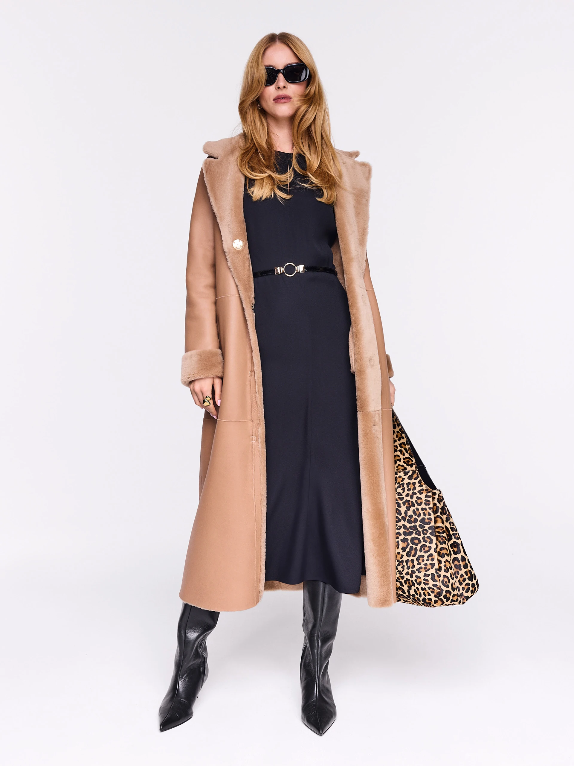 Long beige merino leather coat