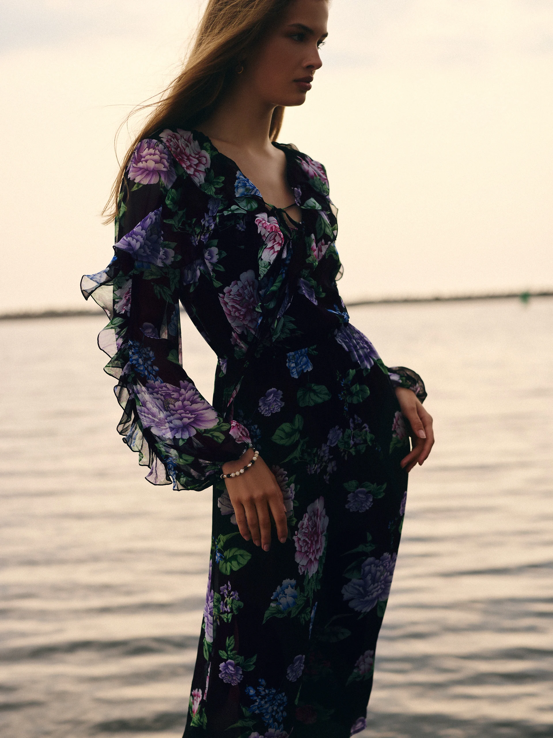 Long black floral viscose dress