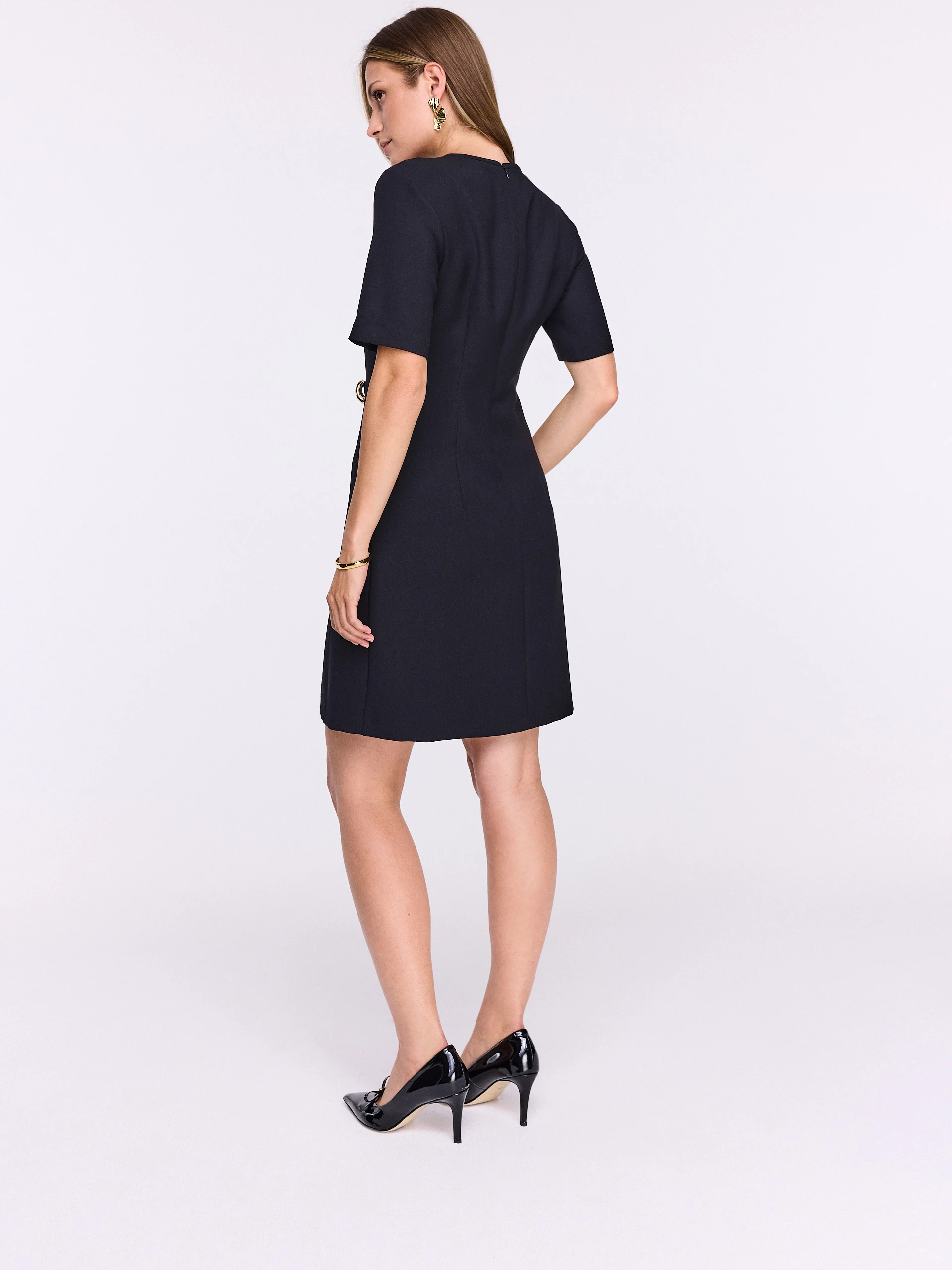Black dress with slit and decorative buckle