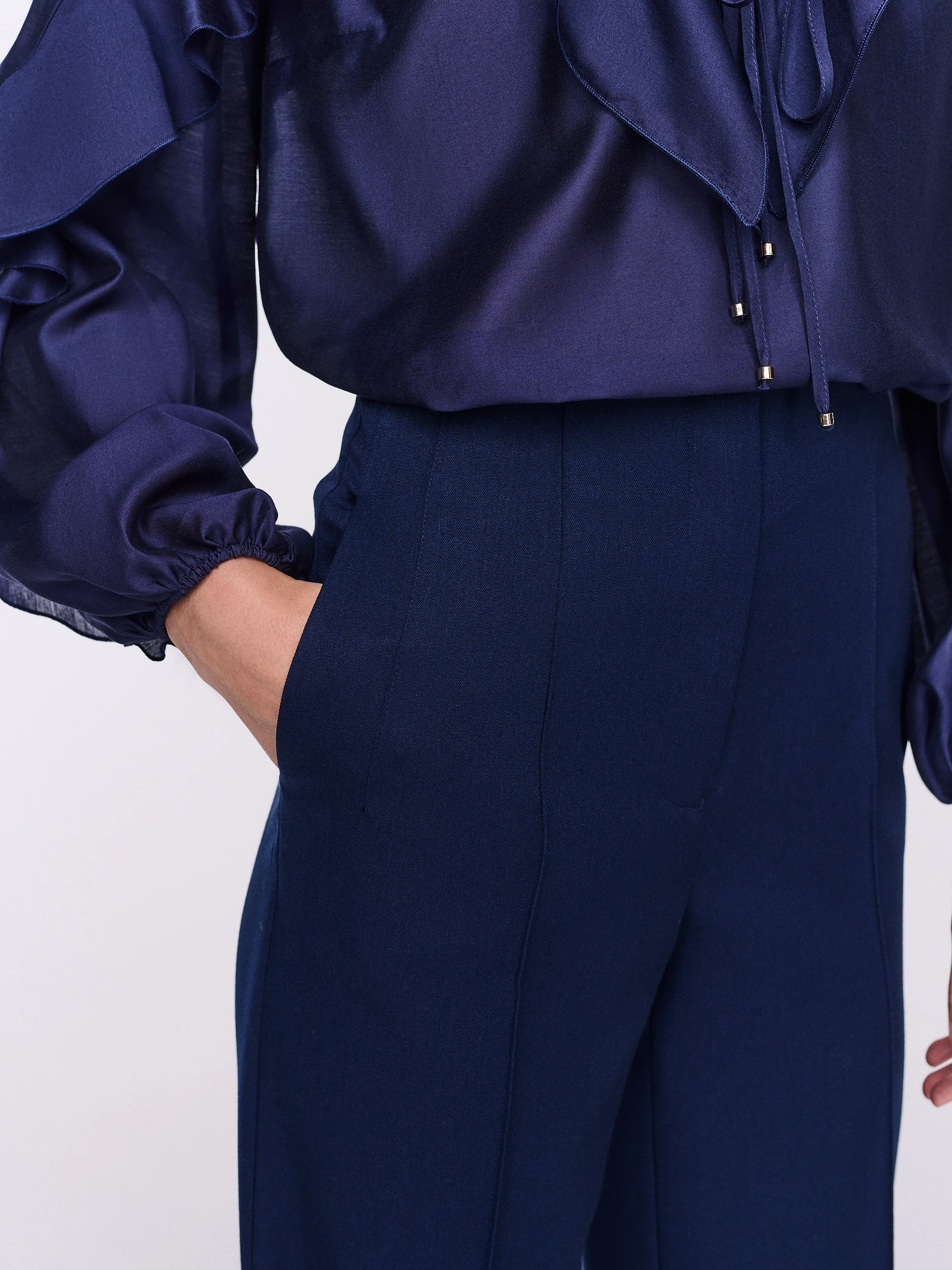Elegant navy blue high-waisted trousers