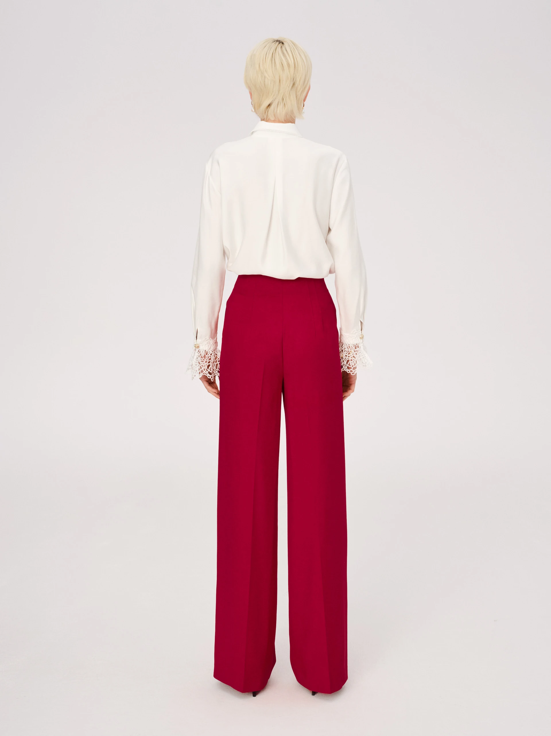 Red high-waisted suit pants