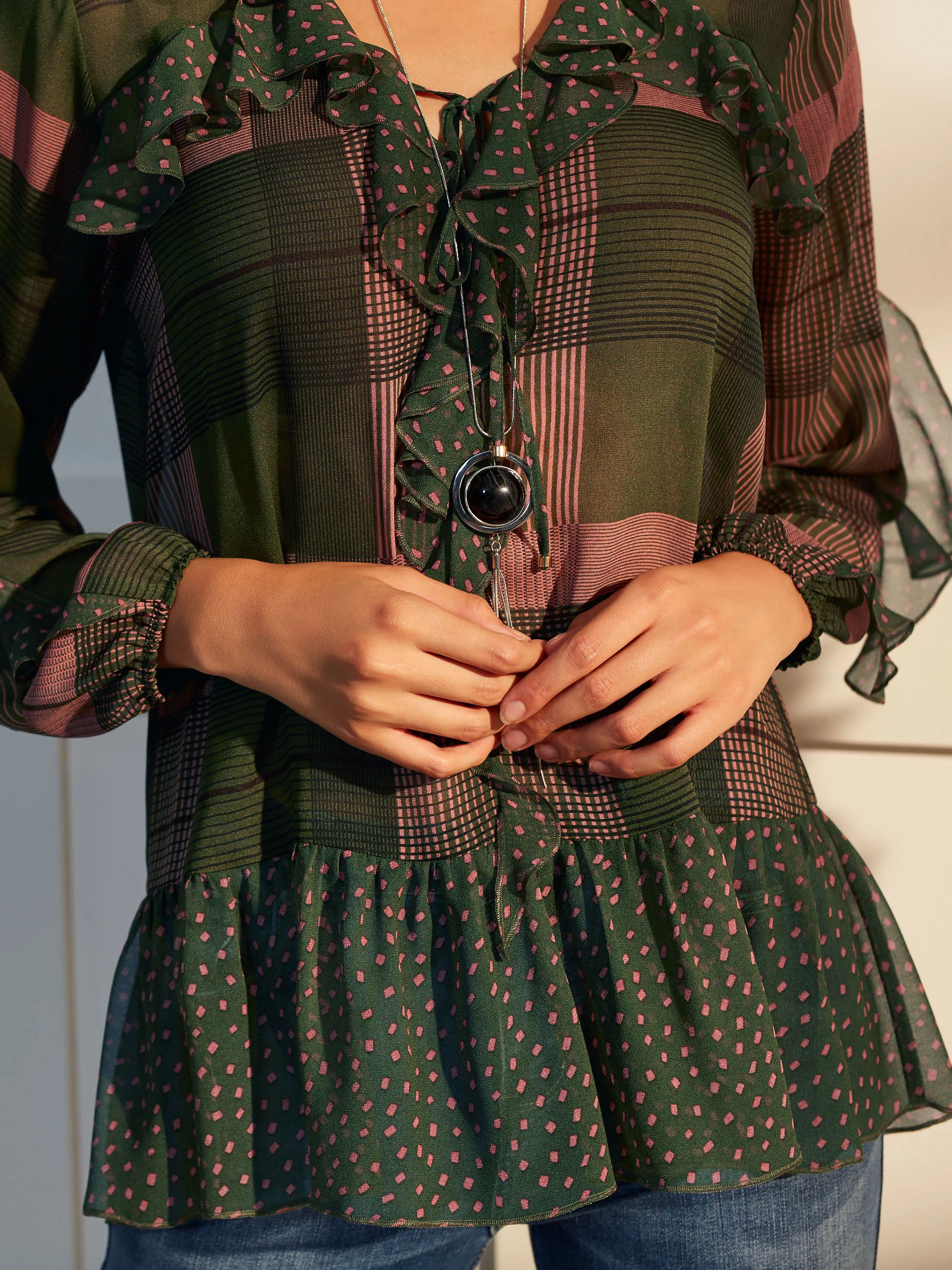 CHECKERED BLOUSE WITH RUFFLES