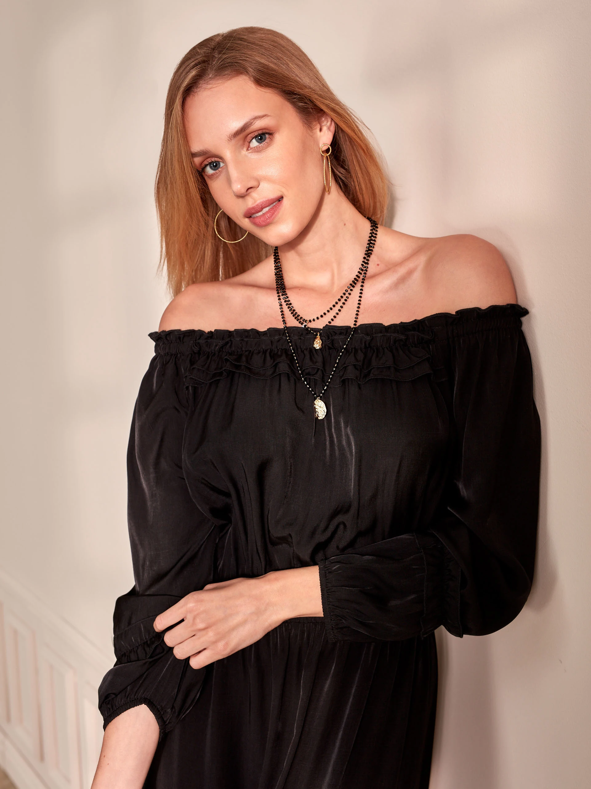BLACK MIDI DRESS WITH OPEN SHOULDERS
