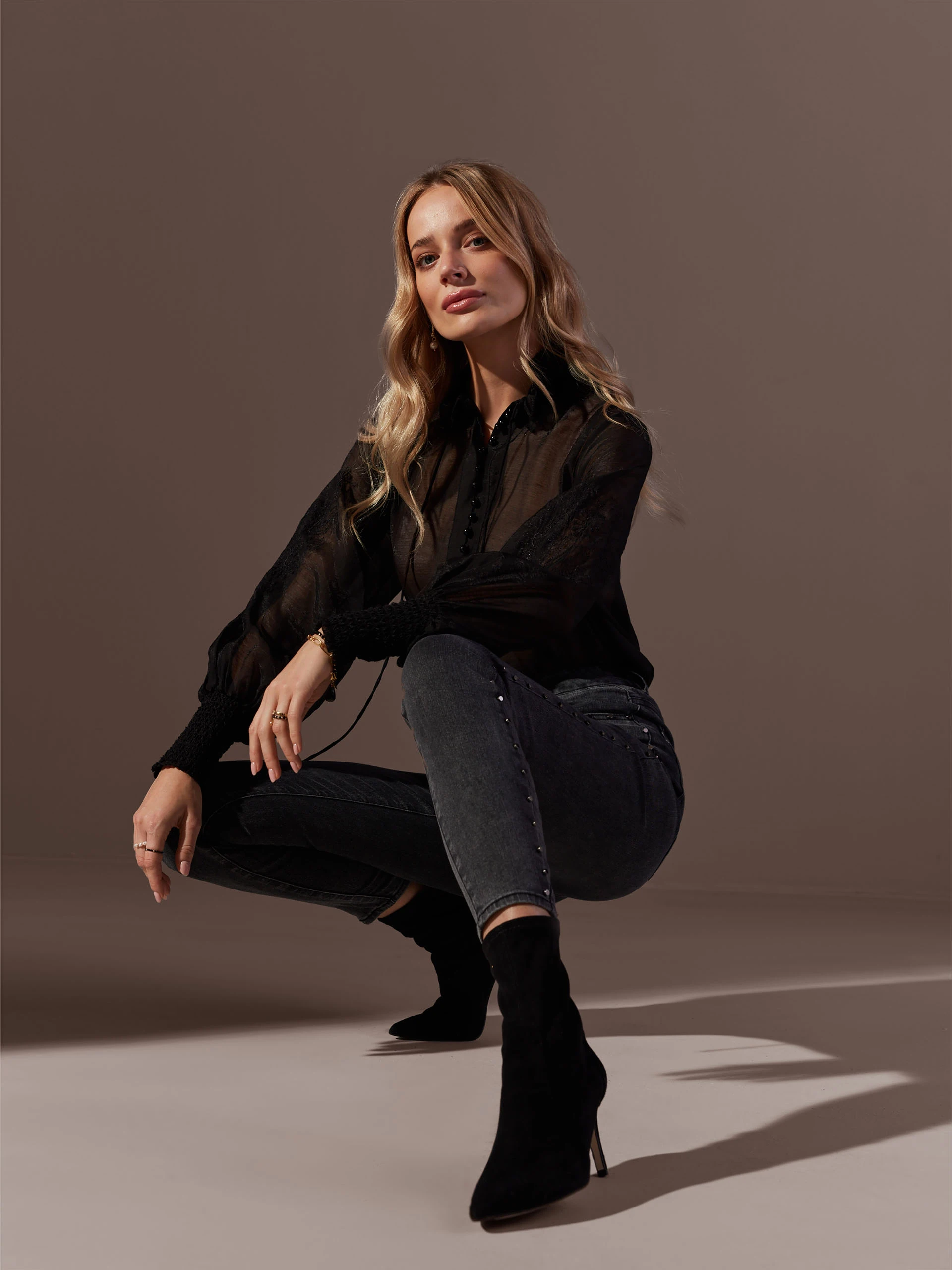 Black see through blouse with puff sleeves