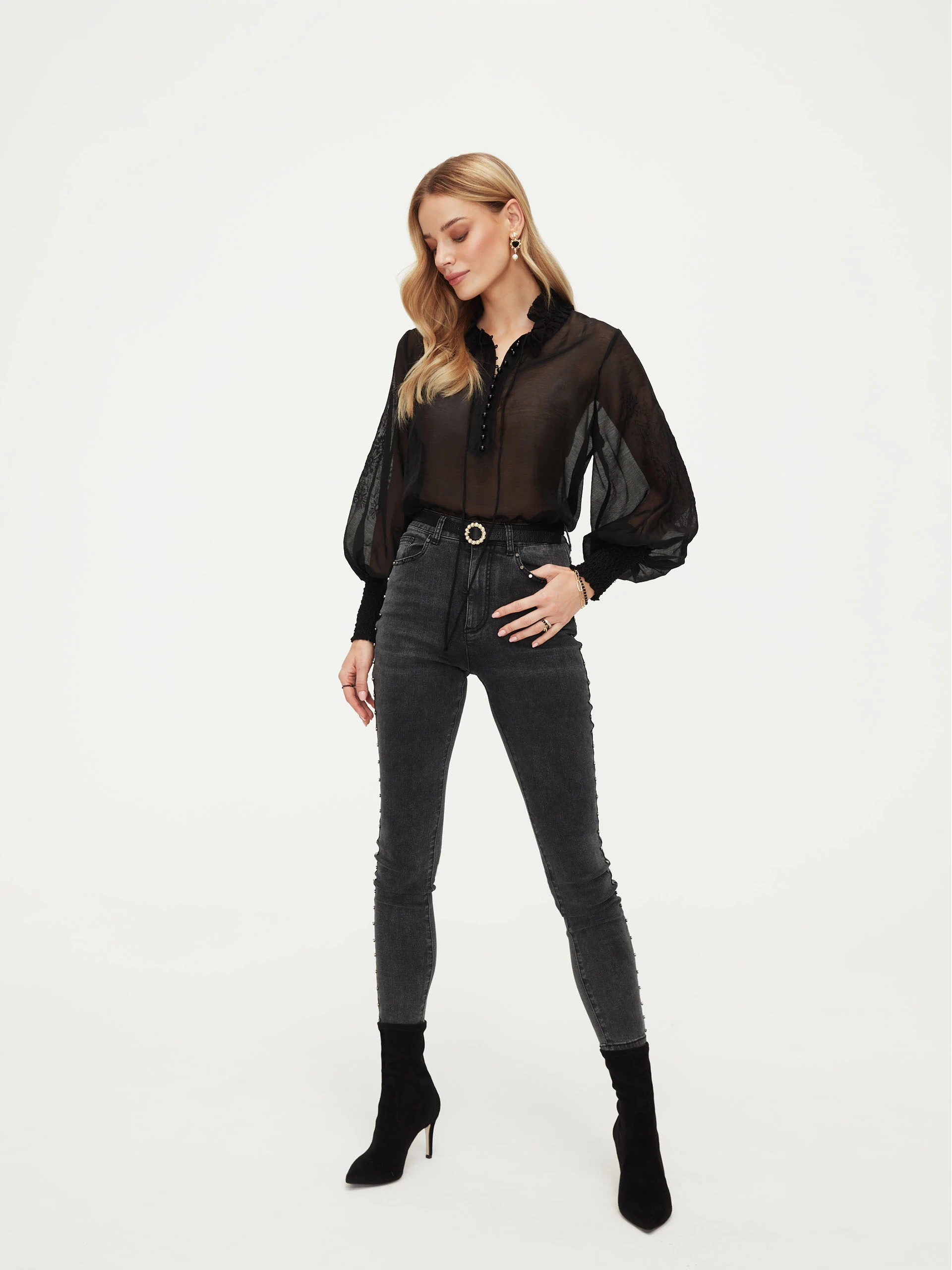 Black see through blouse with puff sleeves