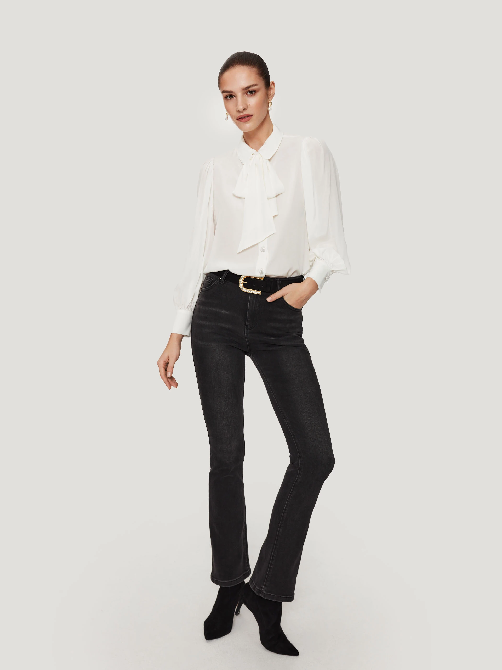 White tie-neck shirt