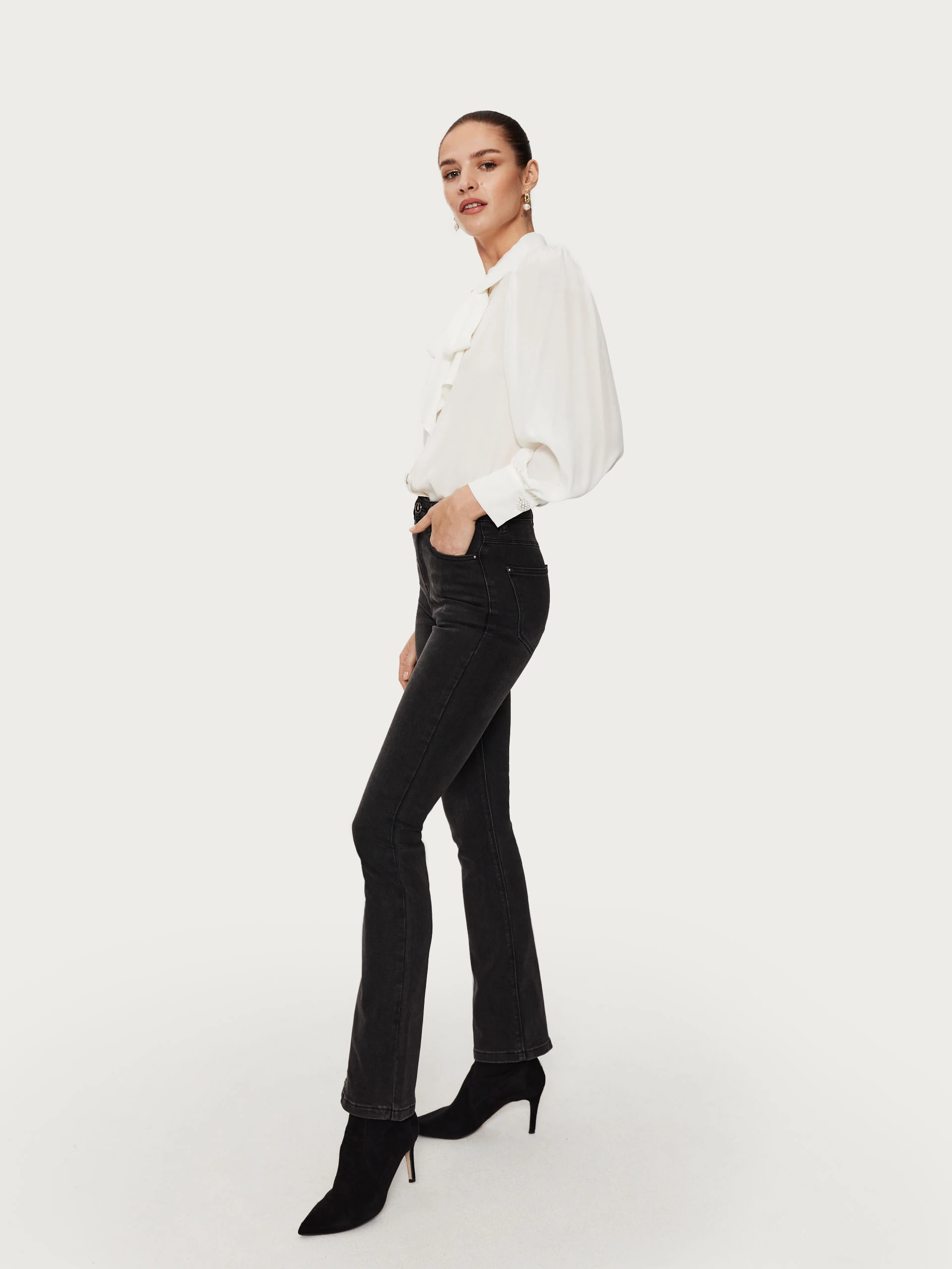 White tie-neck shirt