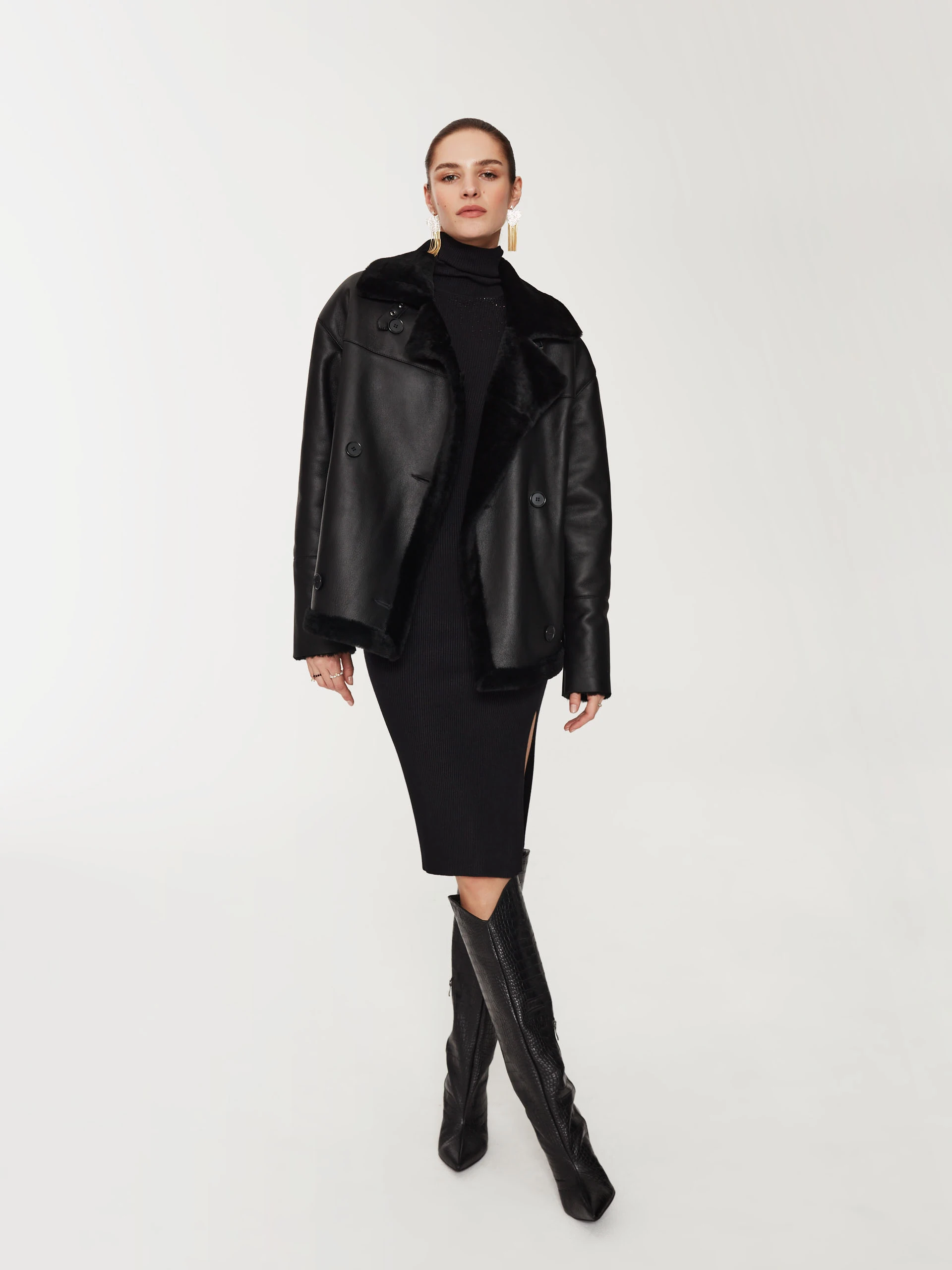Black double-breasted sheepskin coat