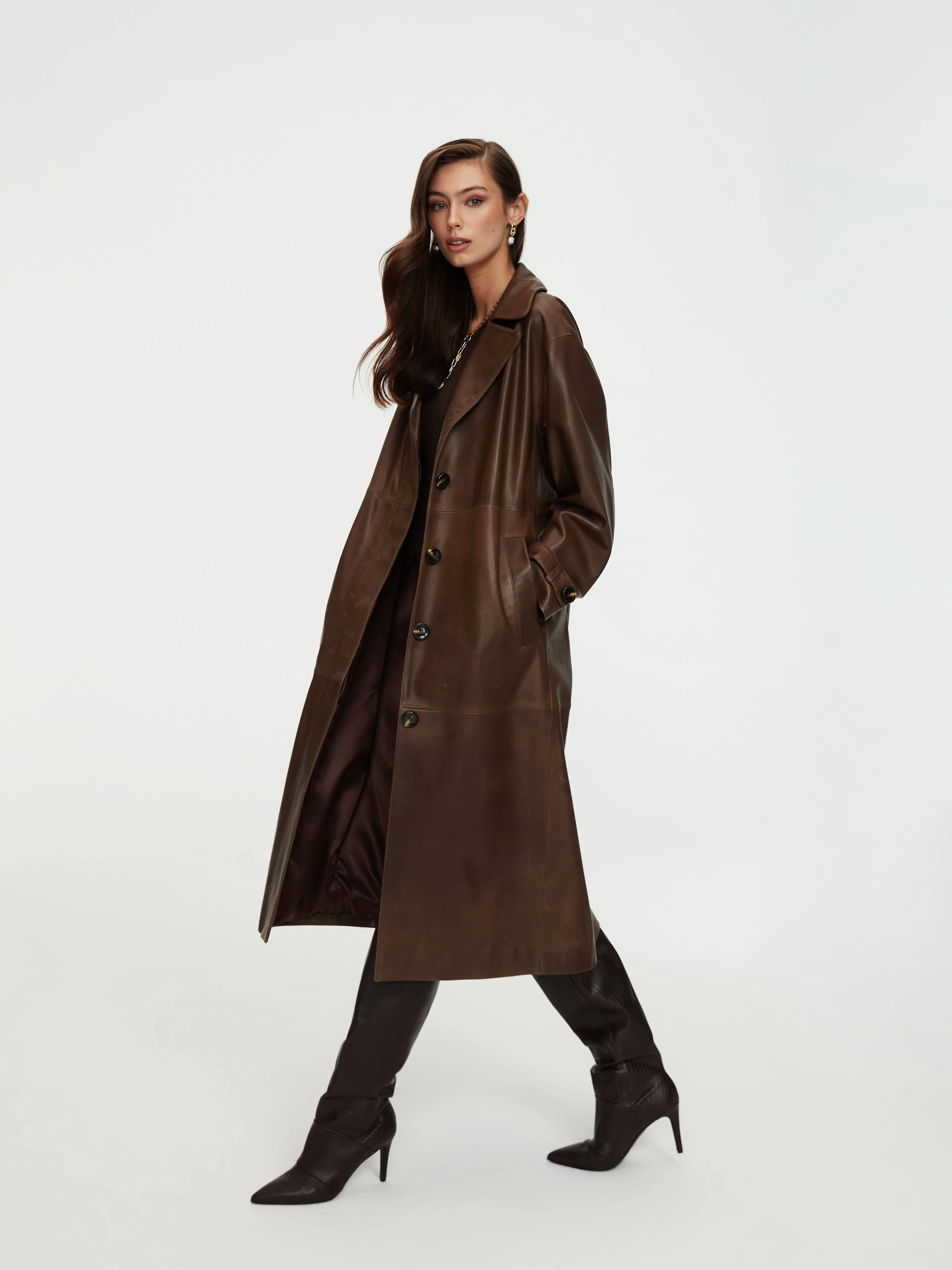 Leather coat in brown color