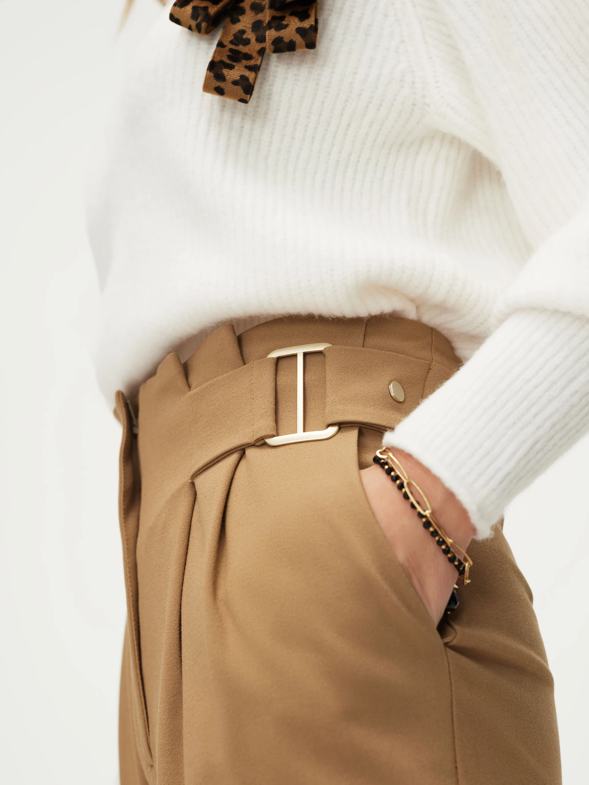 Beige high-waisted cigarette pants