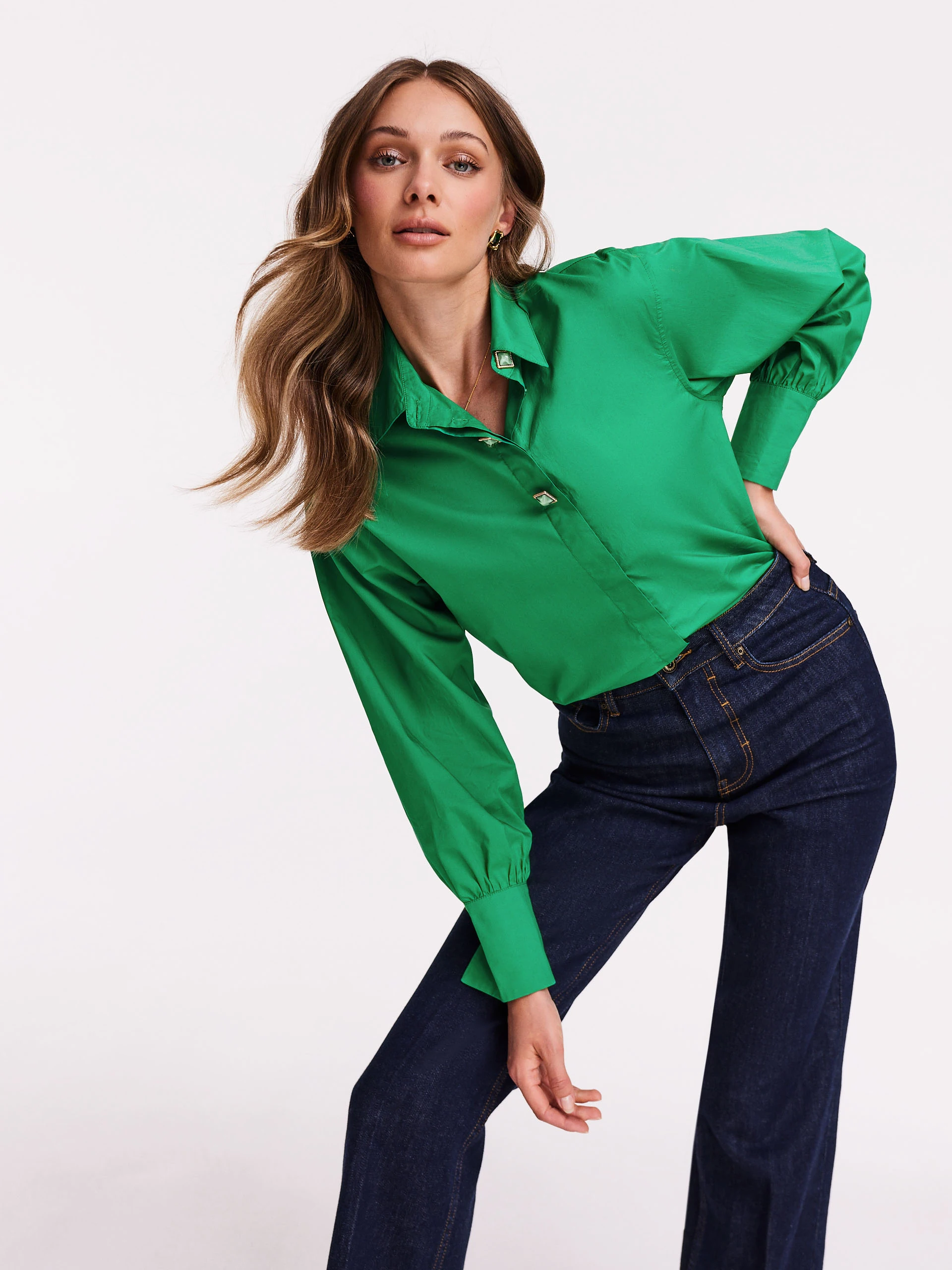 Satin green shirt with decorative buttons
