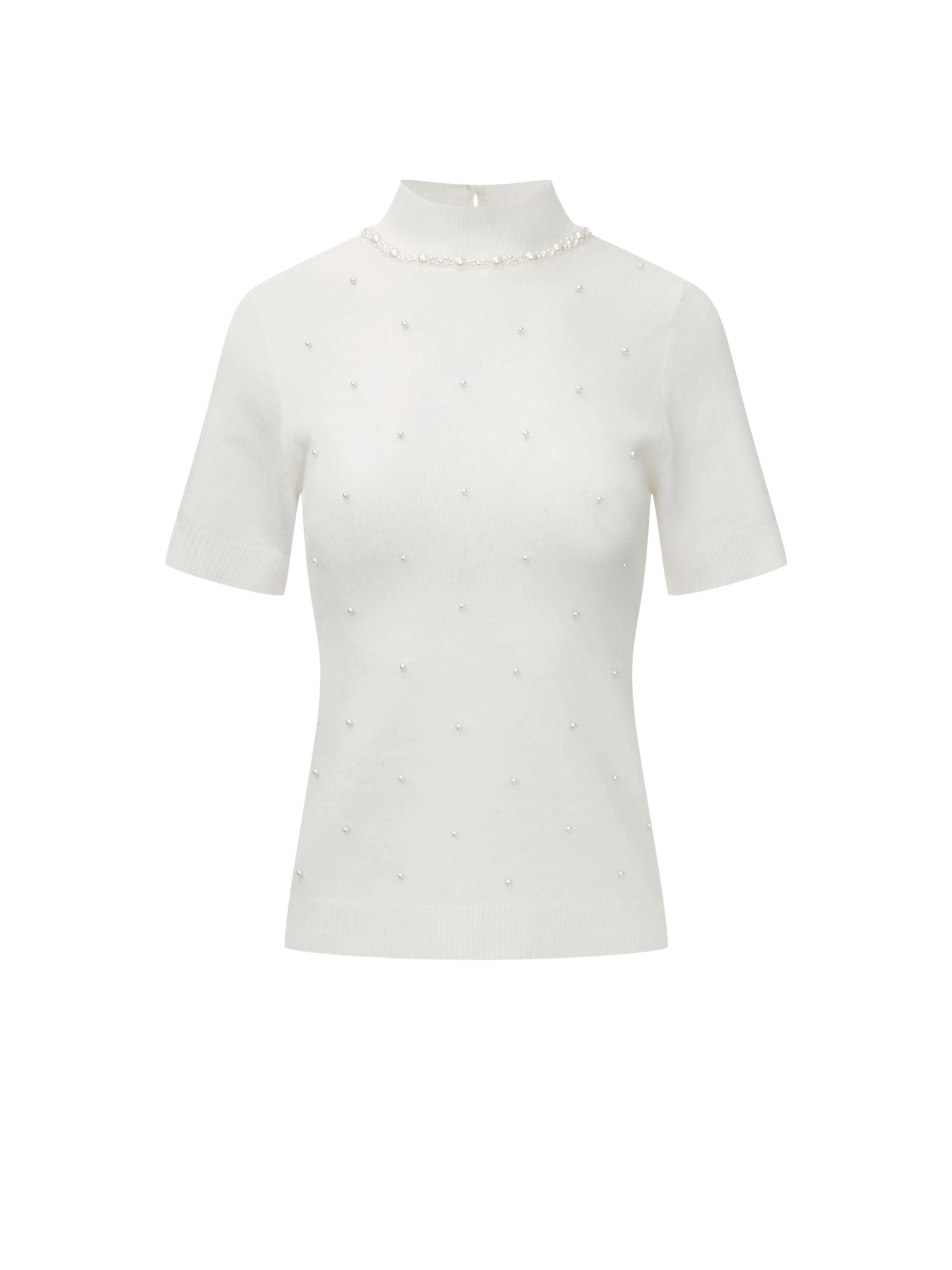 White sweater with short sleeves and half turtleneck