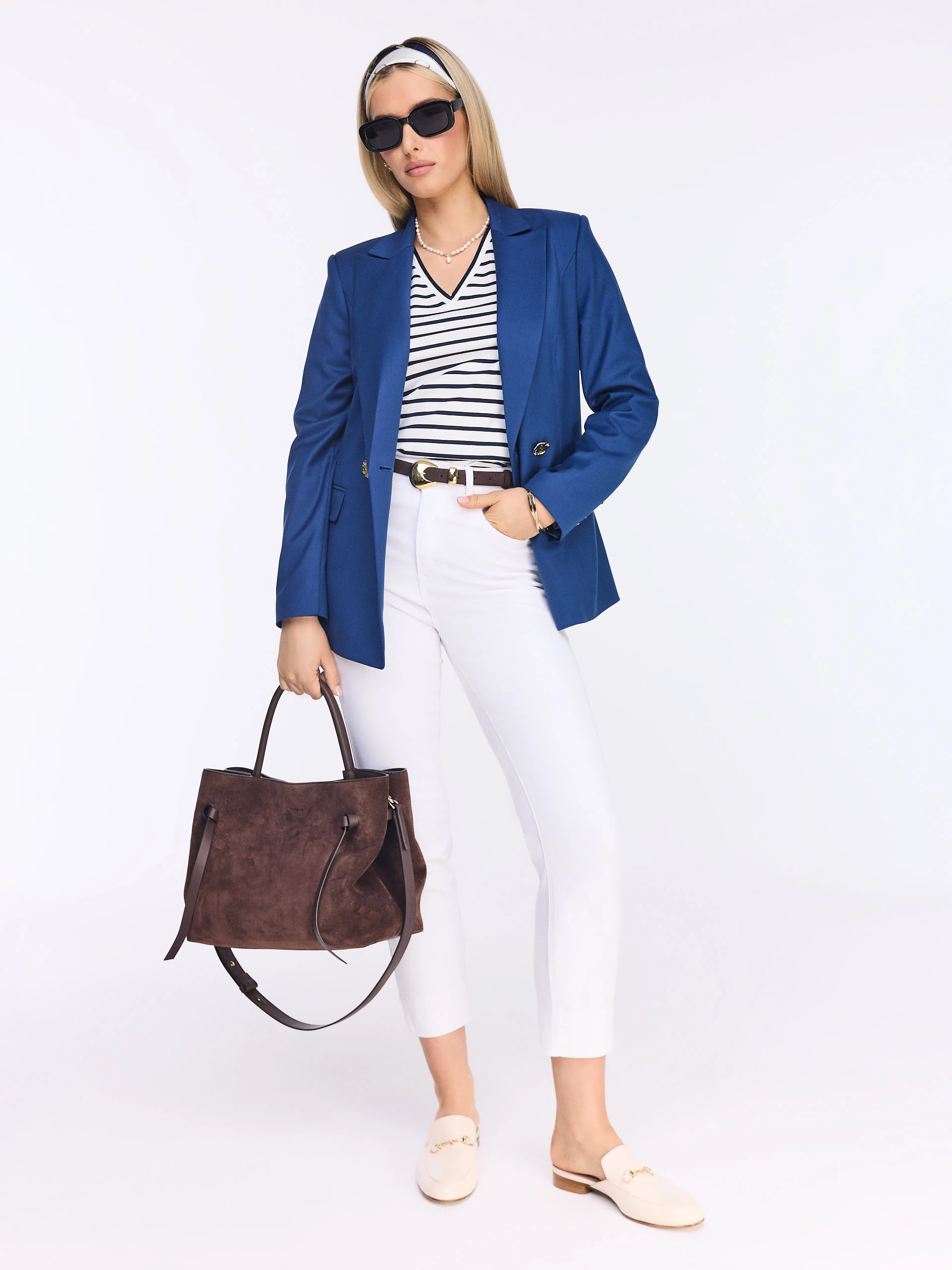 White blouse with navy blue stripes and a V-neck