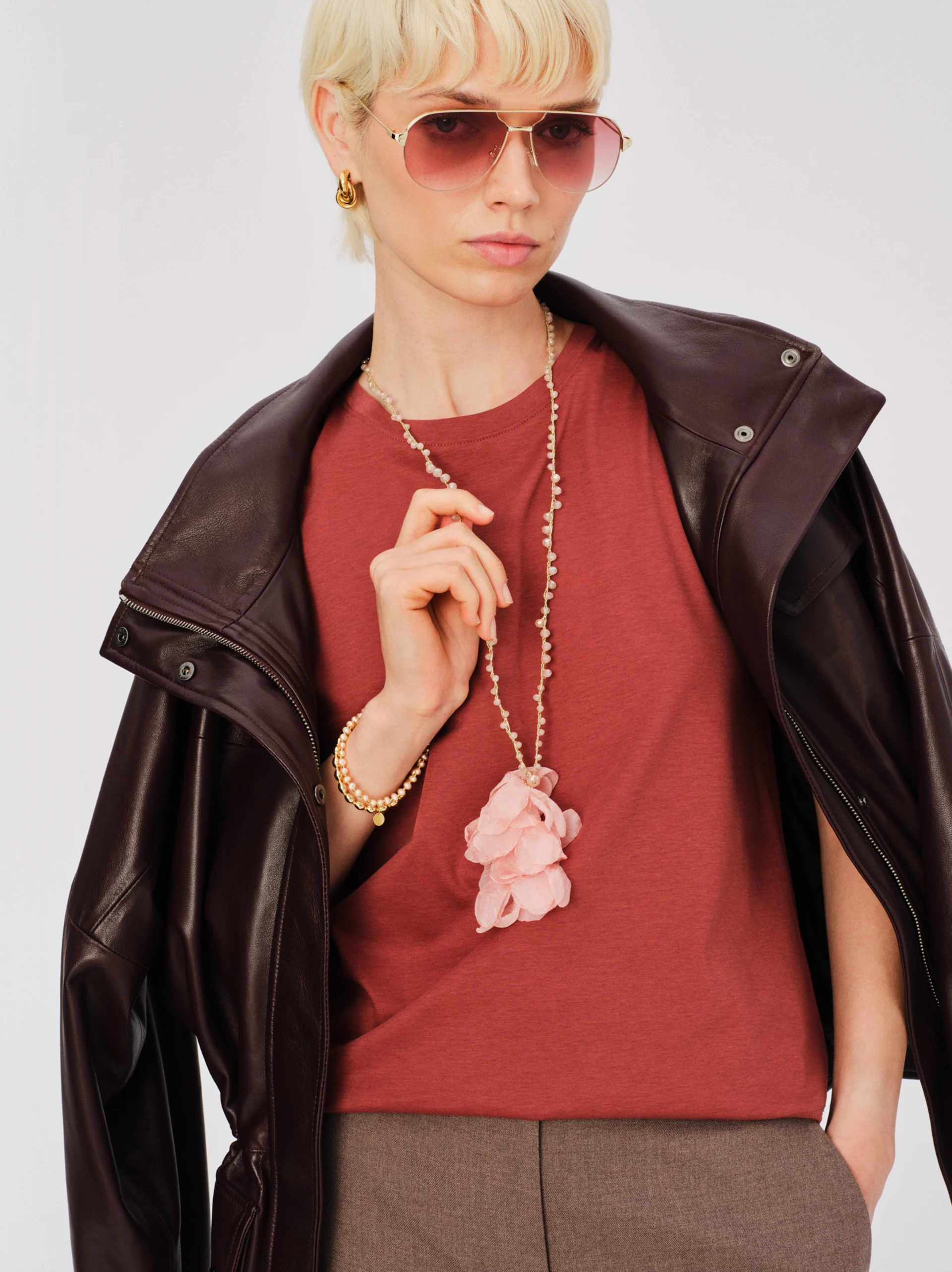 Short-sleeved blouse with linen and silk accents