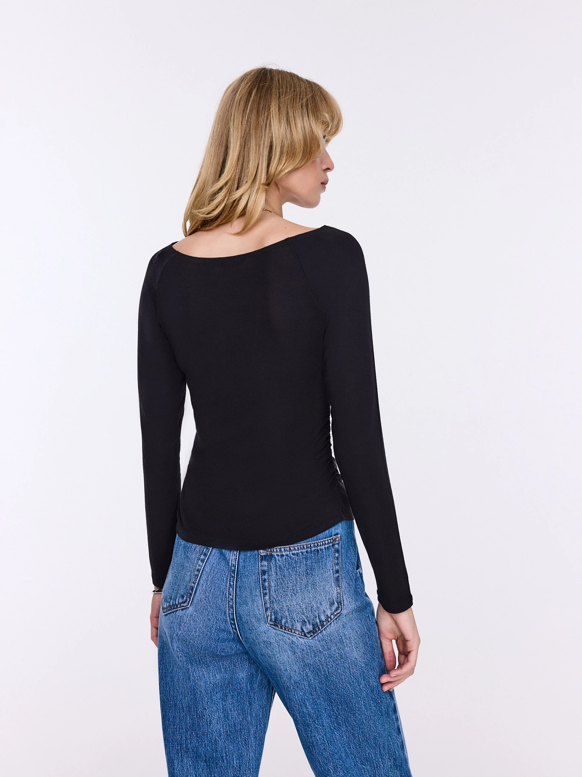 Black long-sleeved blouse with lyocell, wool, and cashmere