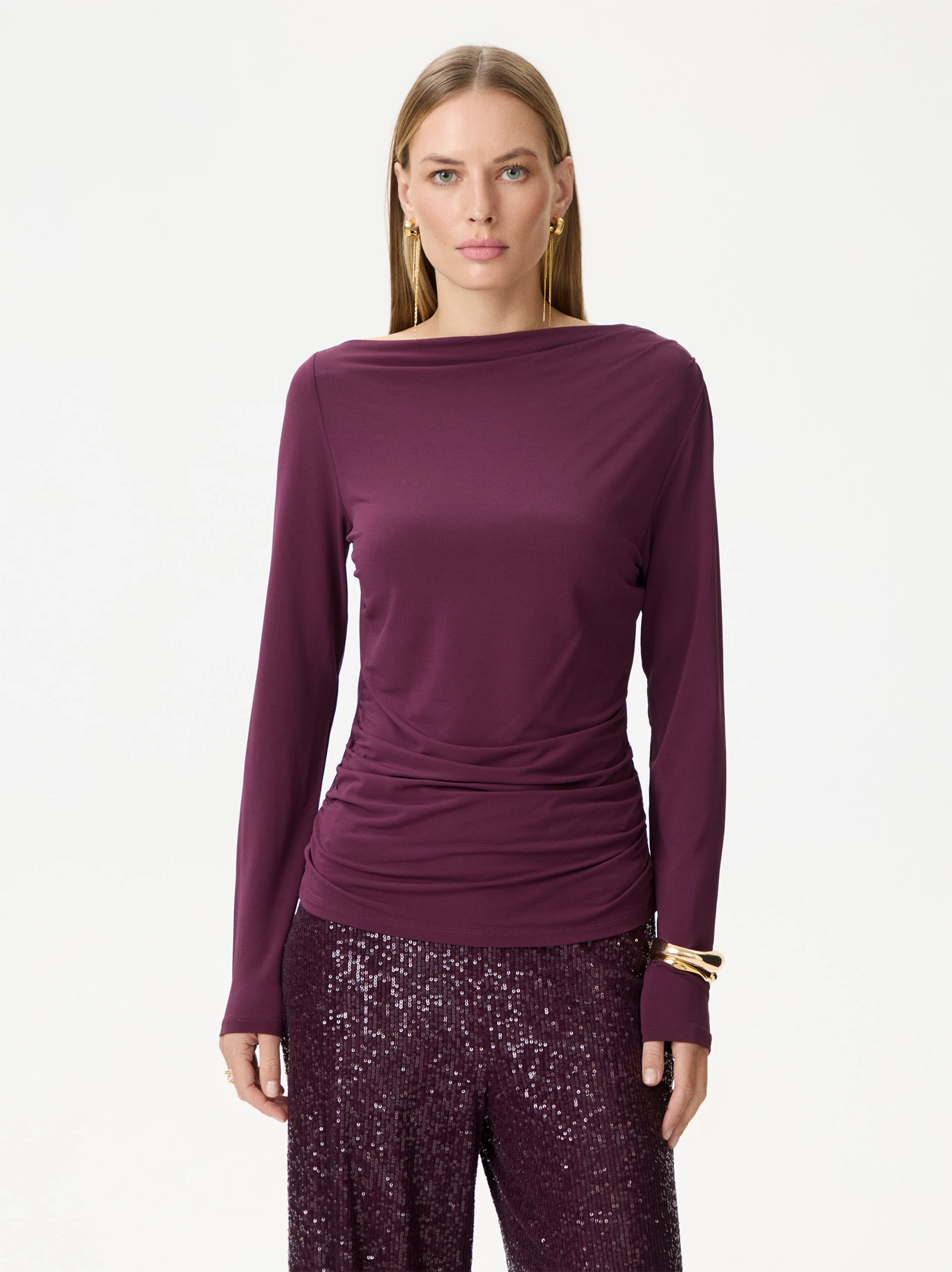 Burgundy blouse with a cowl neckline
