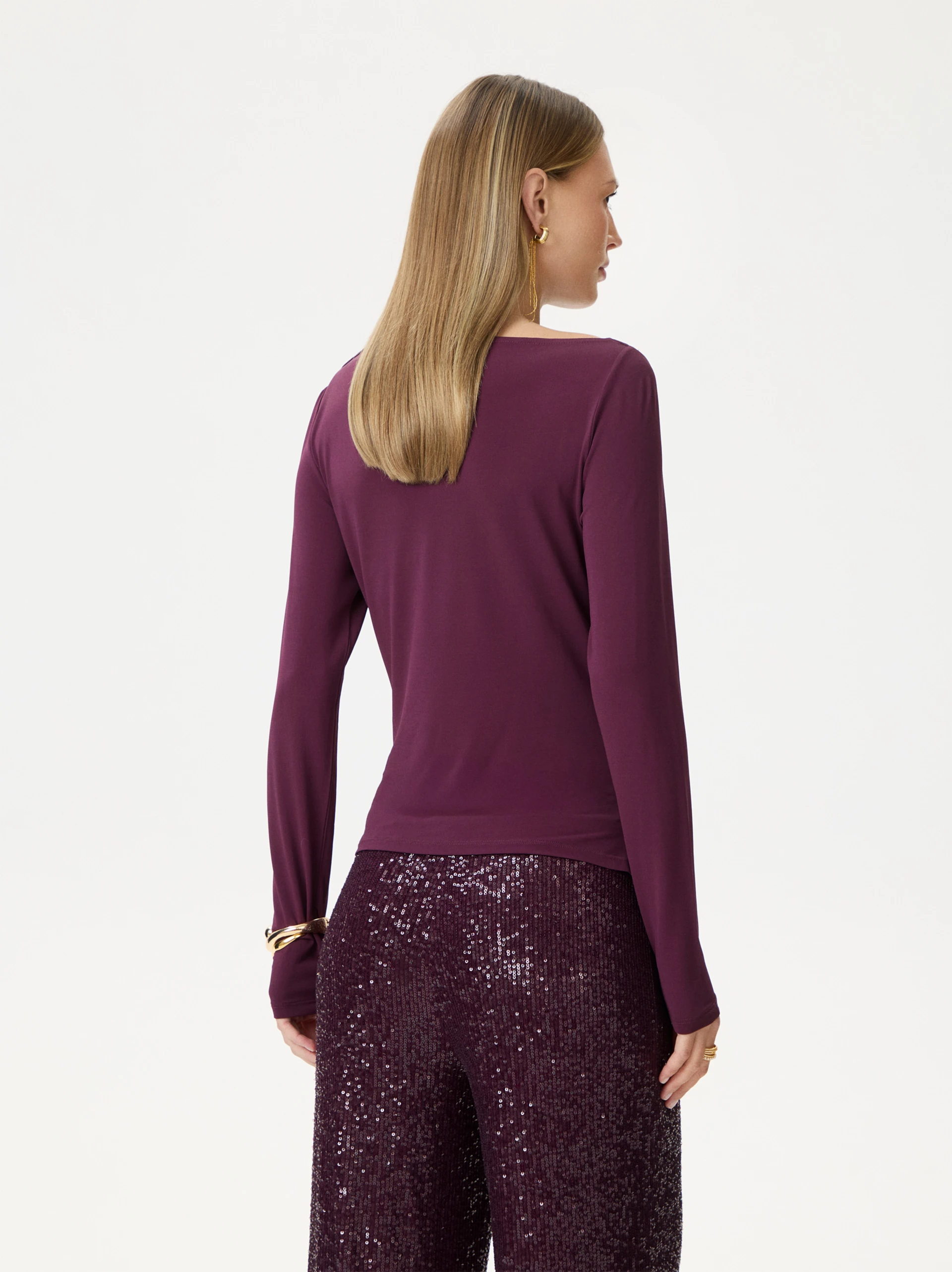 Burgundy blouse with a cowl neckline