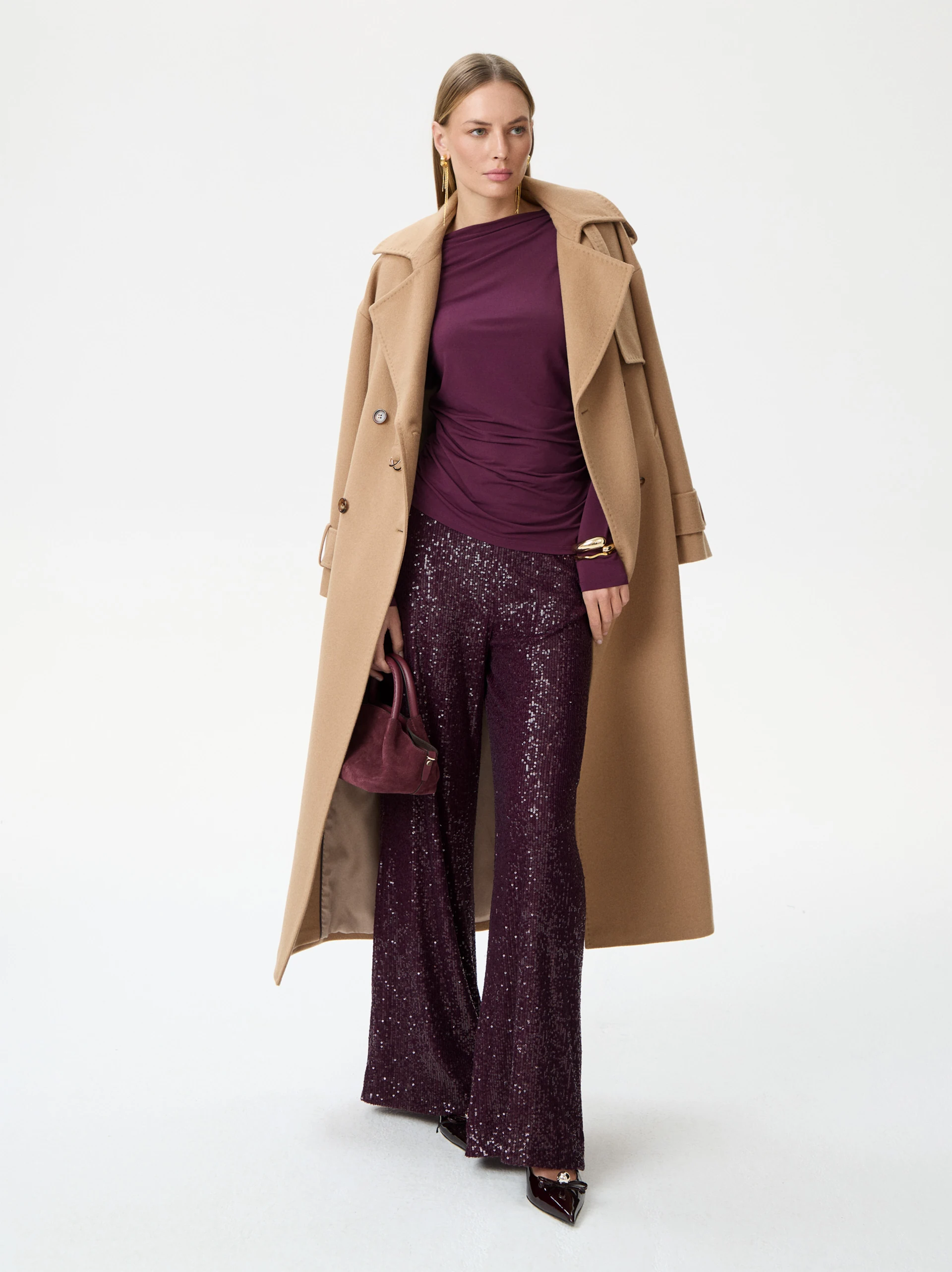 Burgundy blouse with a cowl neckline