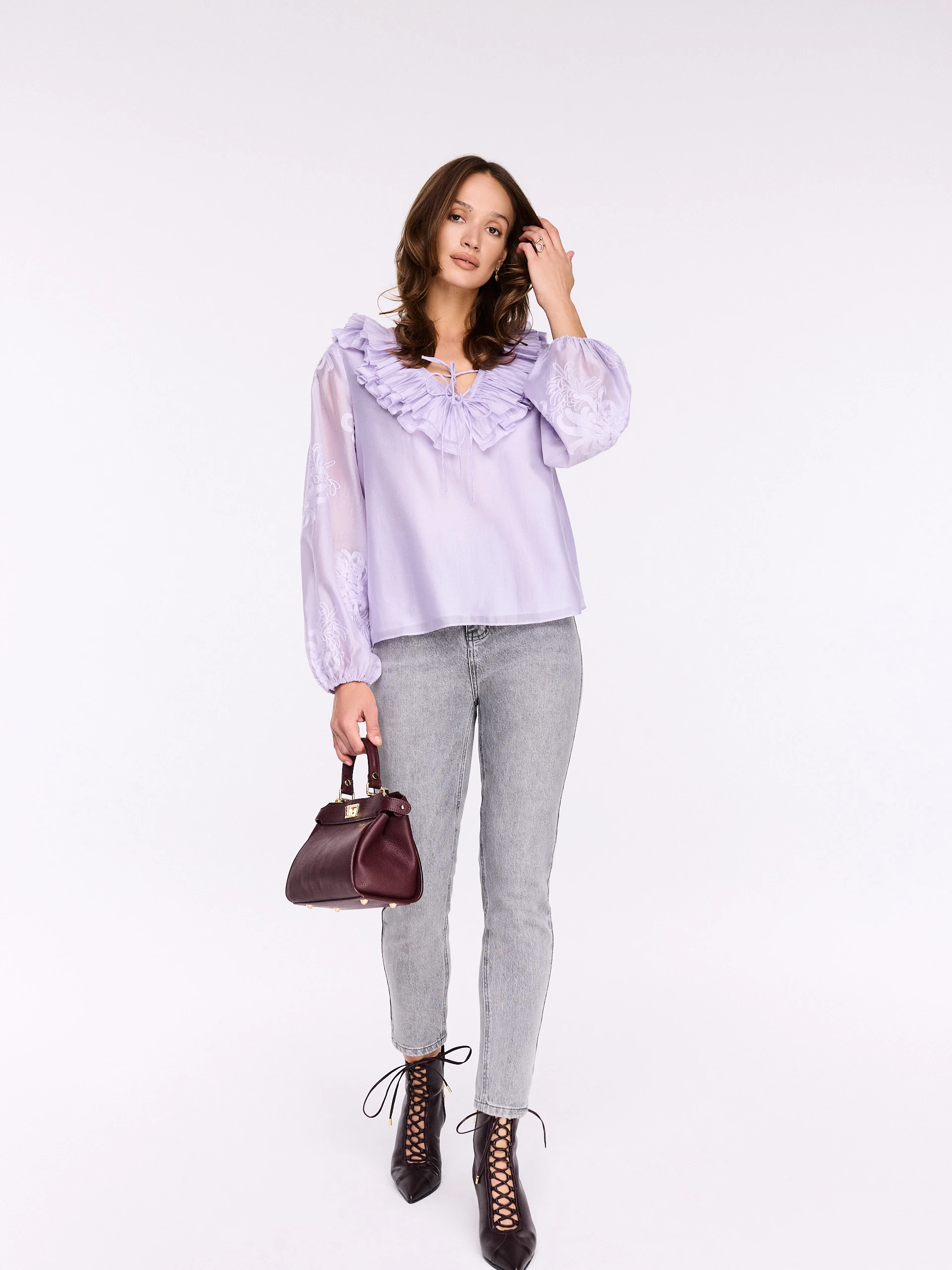 Lilac lyocell blouse with frill and tie