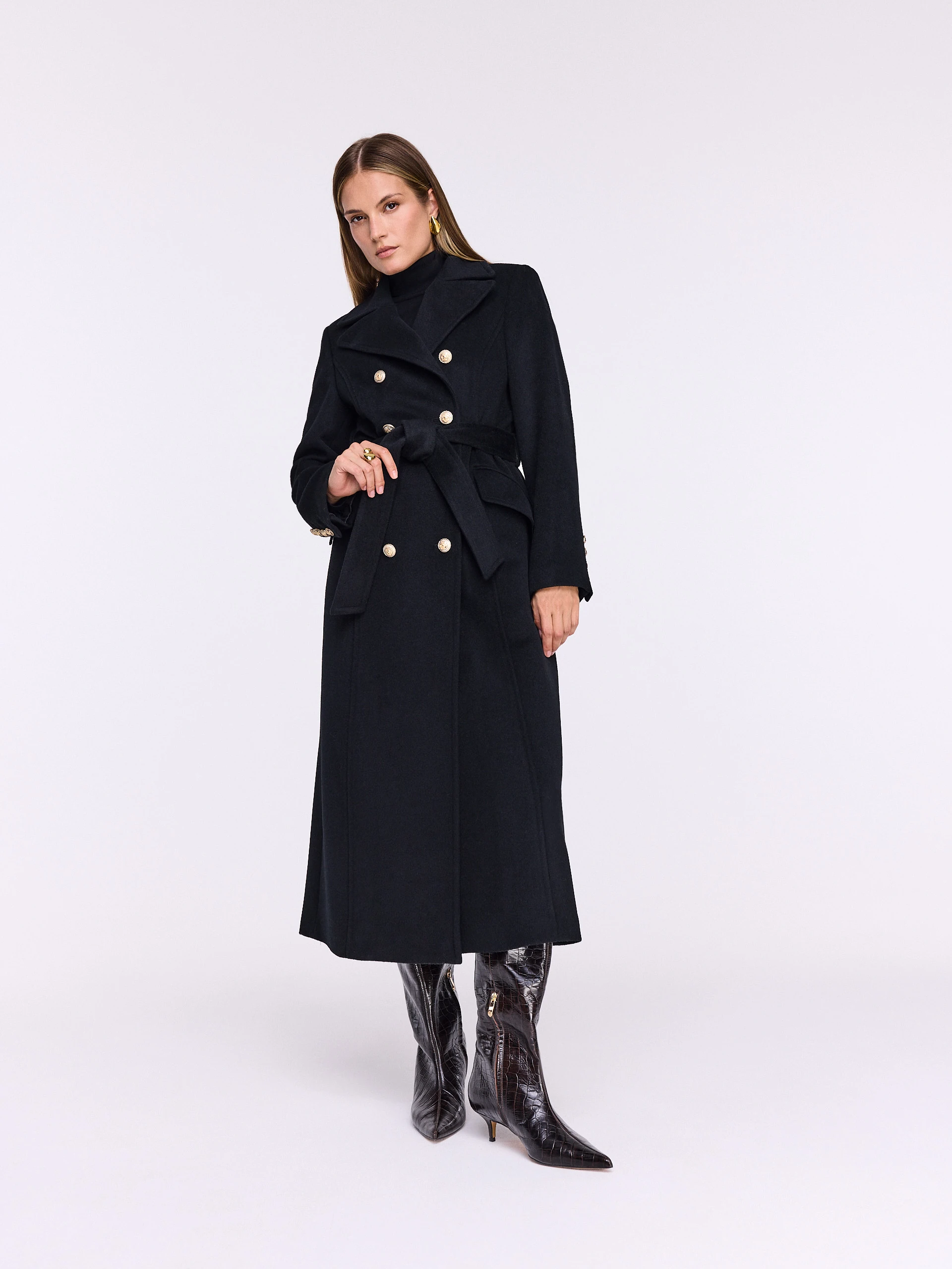 Black double-breasted wool coat