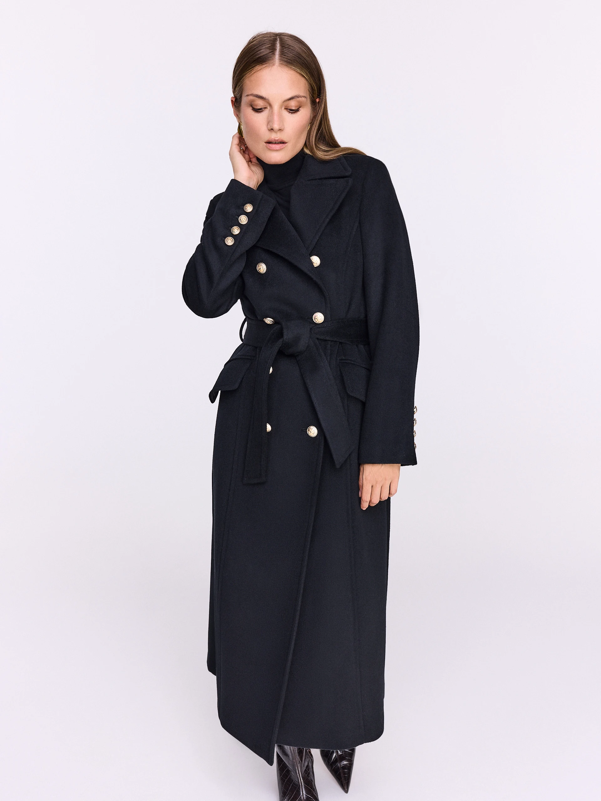 Black double-breasted wool coat