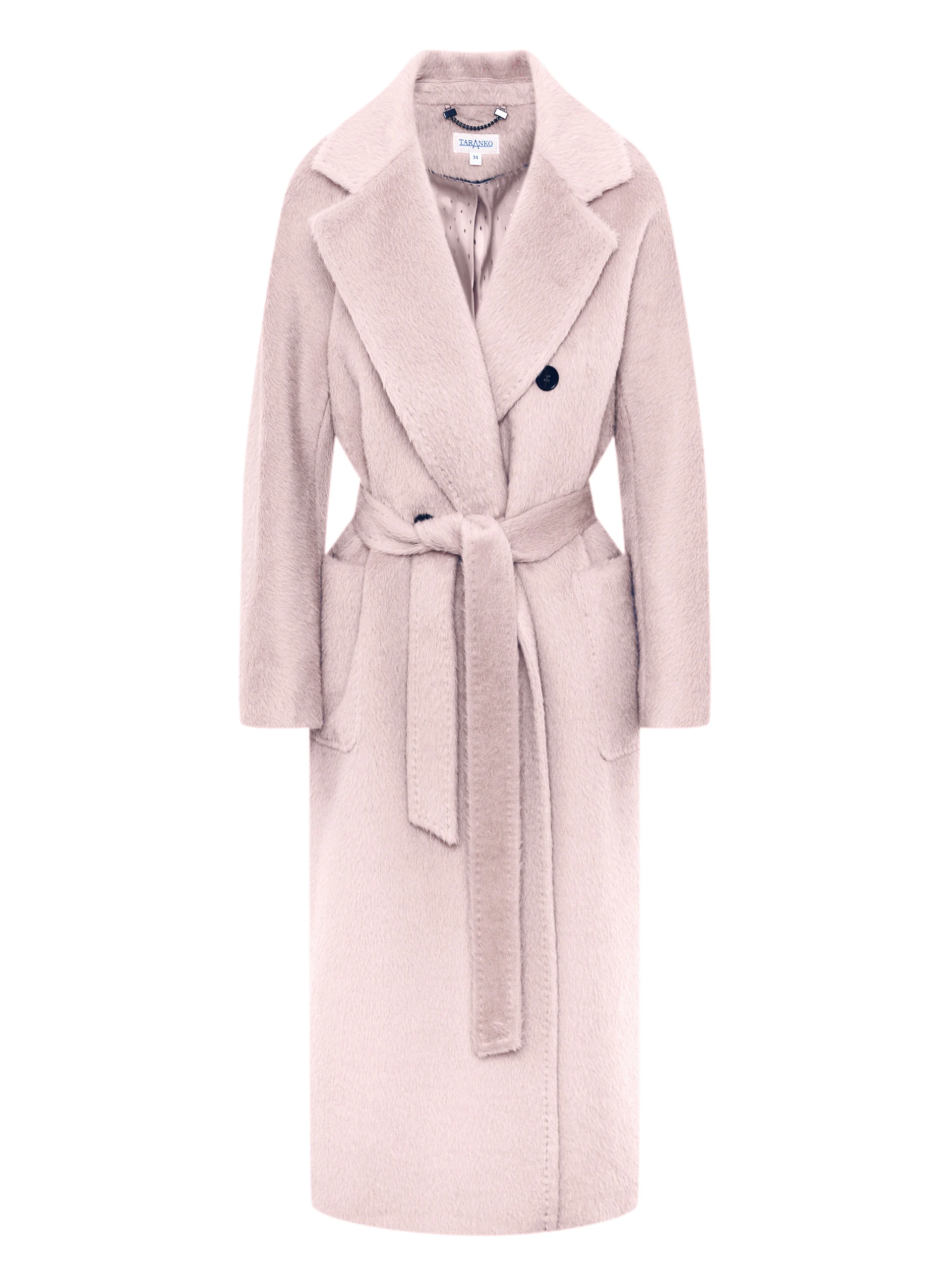 Powder pink alpaca and wool coat with a belt at the waist