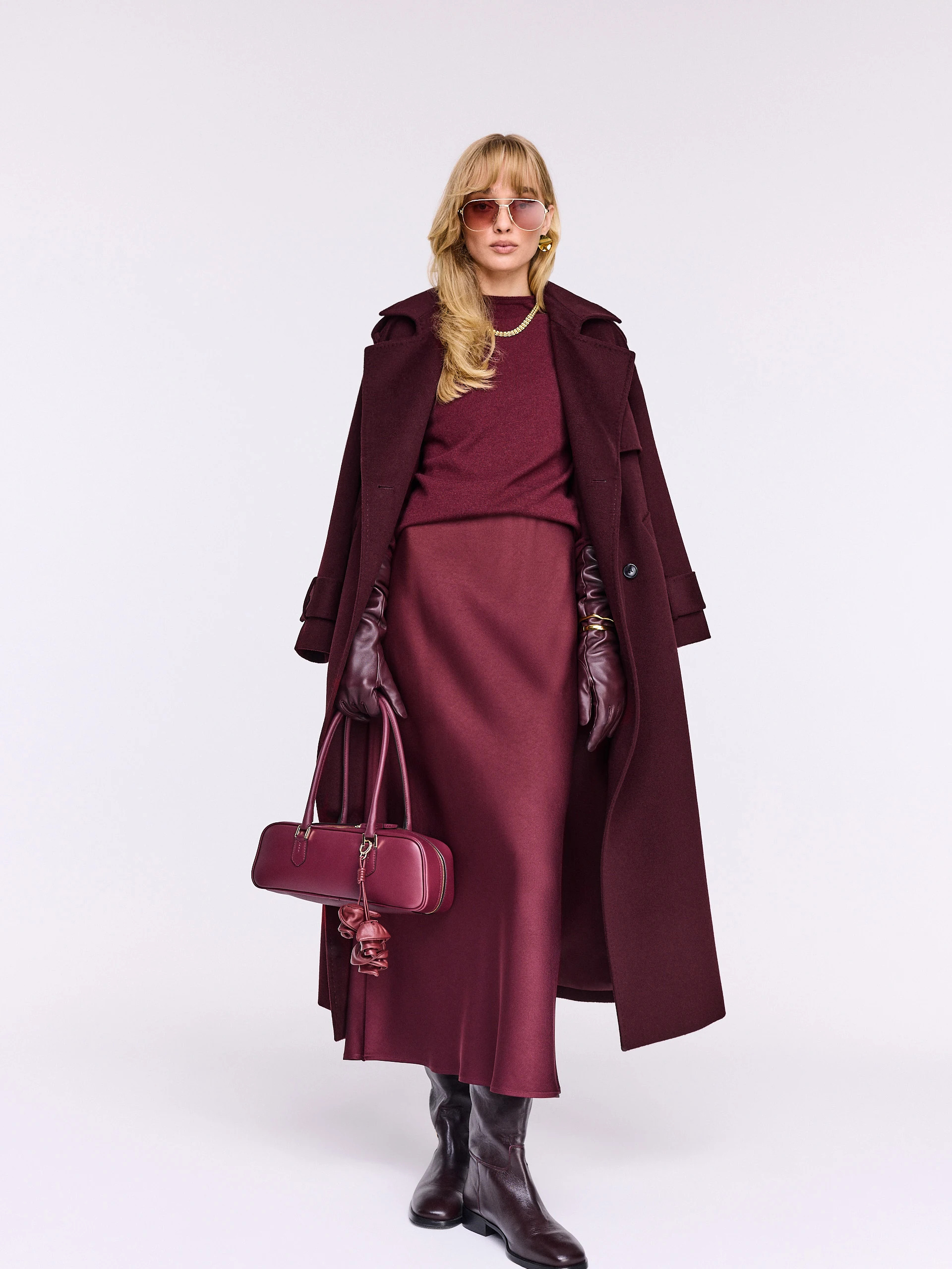 Burgundy satin midi skirt with a high waist