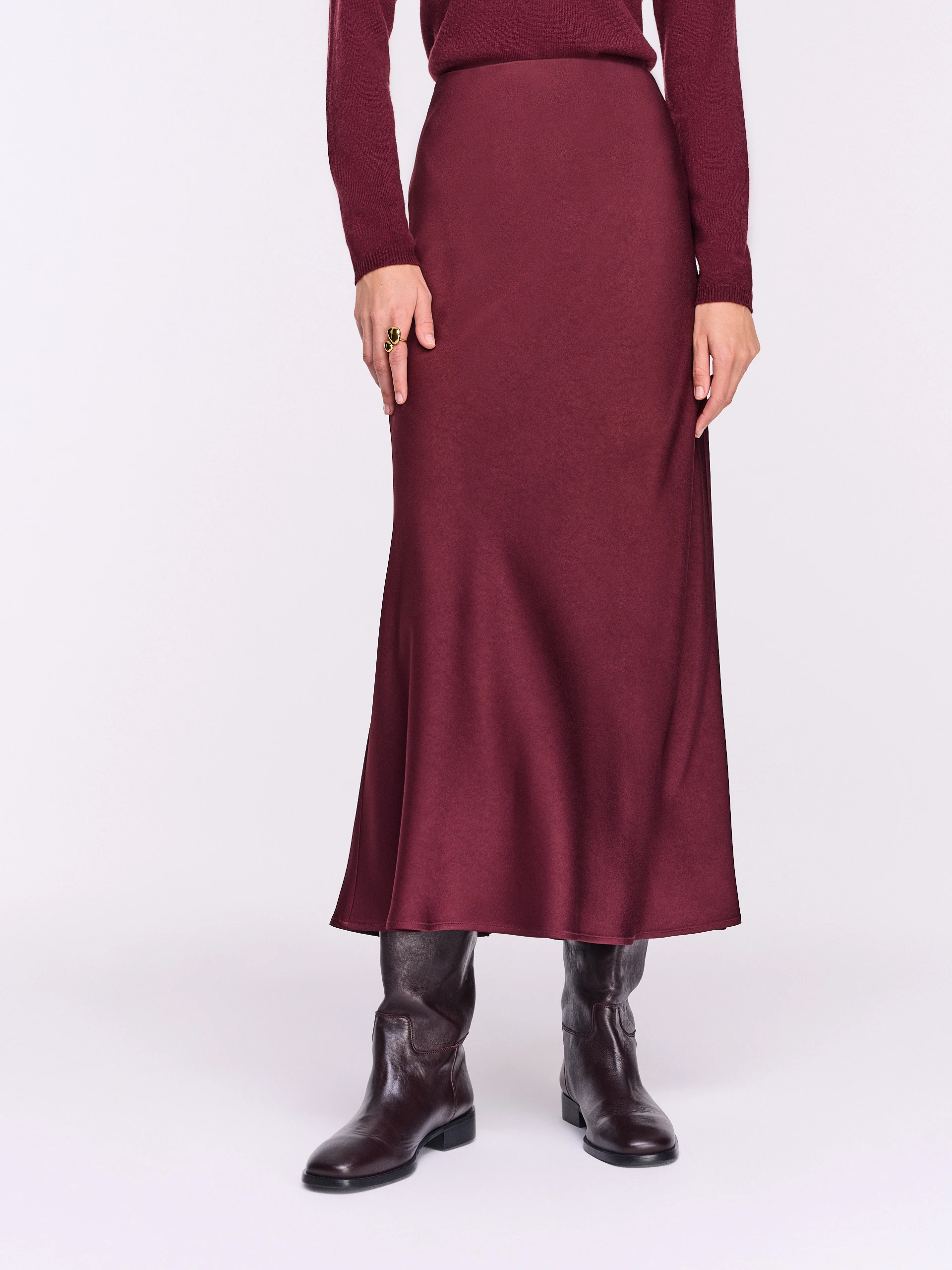 Burgundy satin midi skirt with a high waist